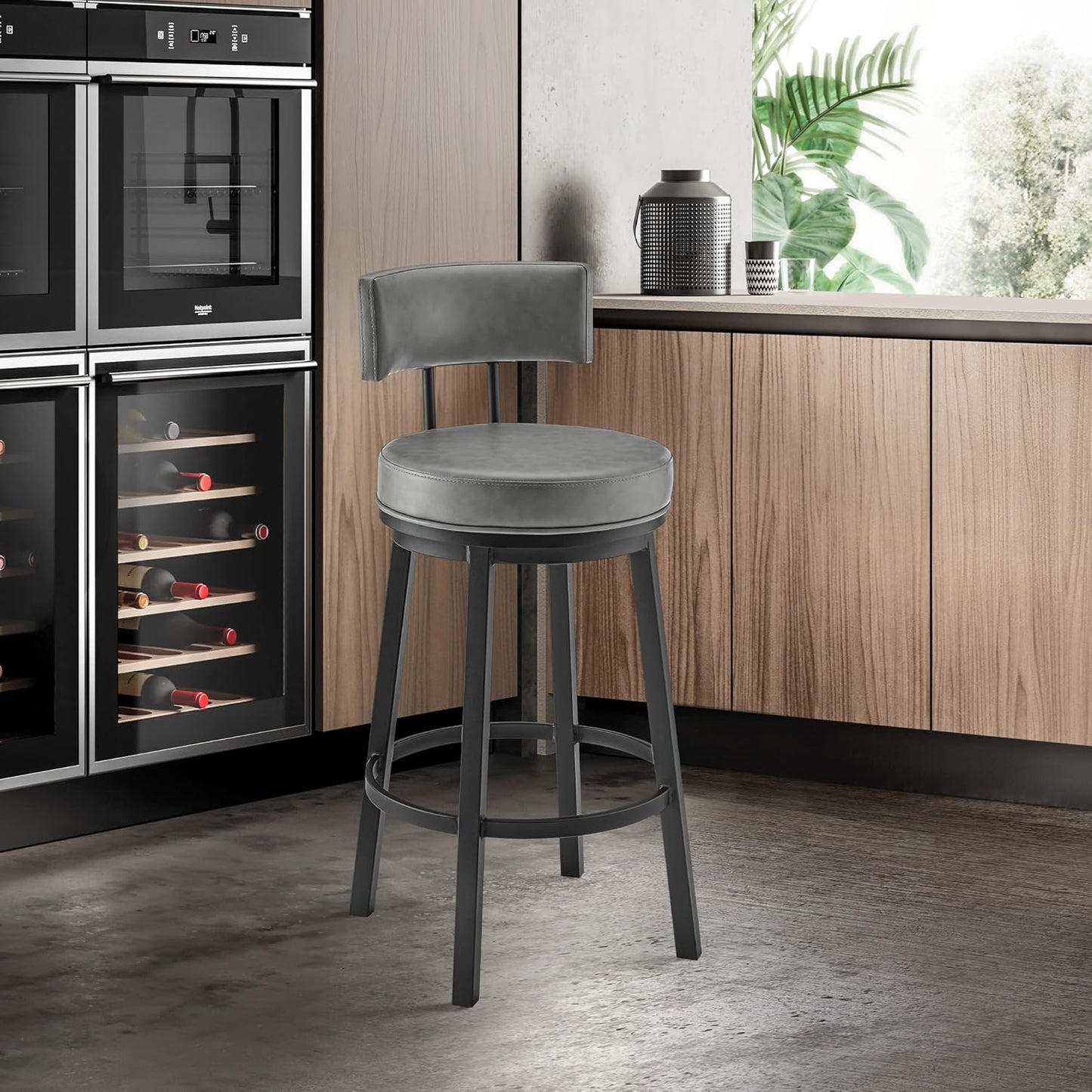 Armen Living Dalza Swivel Counter or Bar Stool in Black Finish with Grey Faux Leather
