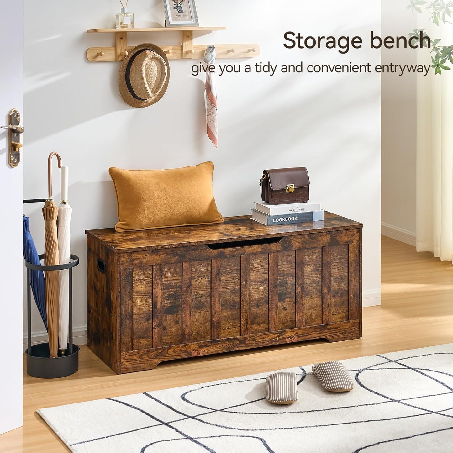 43.3"Storage chest extra large,storage trunk with 2 safety Hinges,Wooden storage Bench,Shoe Bench,43.3x15.7x19.1 Inch,Easy Assembly,storage bench for bedroom,living room,entryway,Rustic Brown