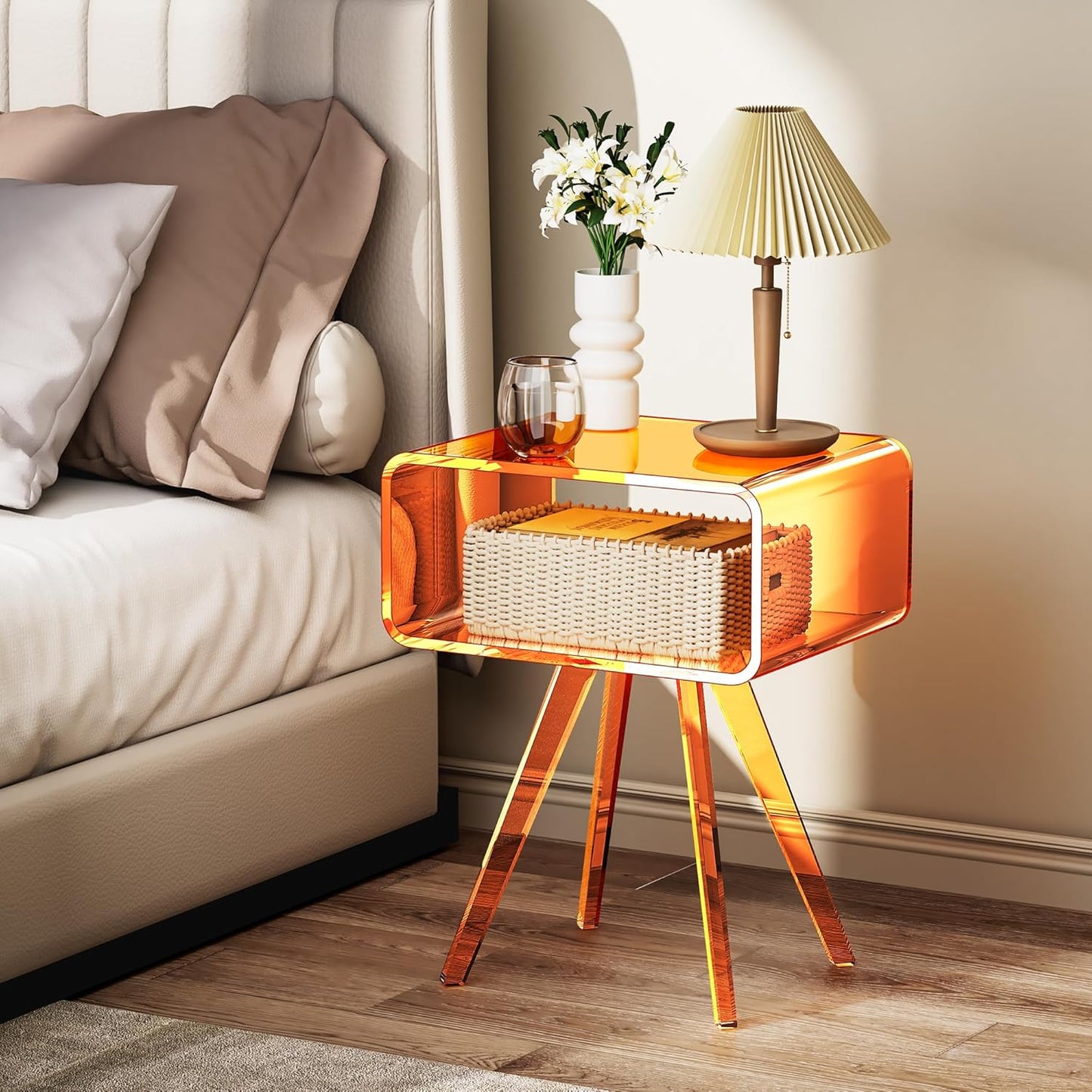 Acrylic Side Table, Acrylic Nightstand Bedside Table for Bedroom (Orange, 16.1'' x 11.8'' x 19.7'')