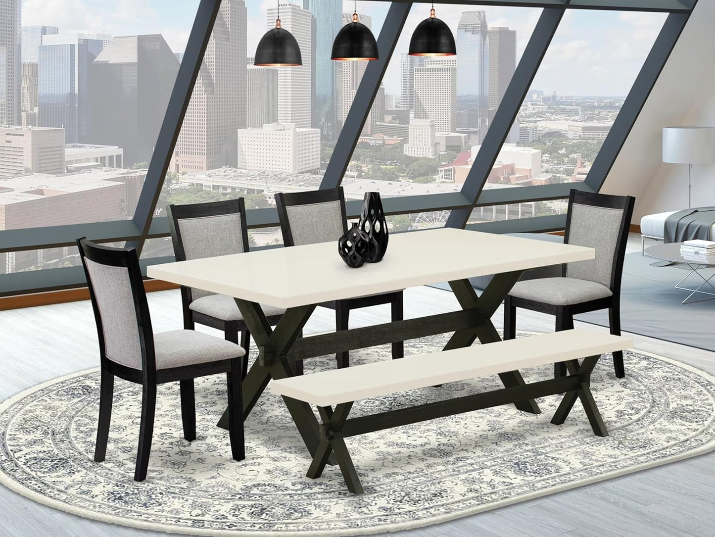 East West Furniture X627MZ606-6 6 Piece Dining Table Set Contains a Rectangle Dining Room Table with X-Legs and 4 Shitake Linen Fabric Parson Chairs with a Bench, 40x72 Inch, Multi-Color