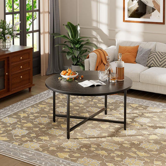 Round Coffee Table, Modern Design Living Room Tables for Indoor & Outdoor, Black Coffee Table for Family & Office Use, Outdoor Coffee Table Round, Large Black (31.5" D x 17.7" H)