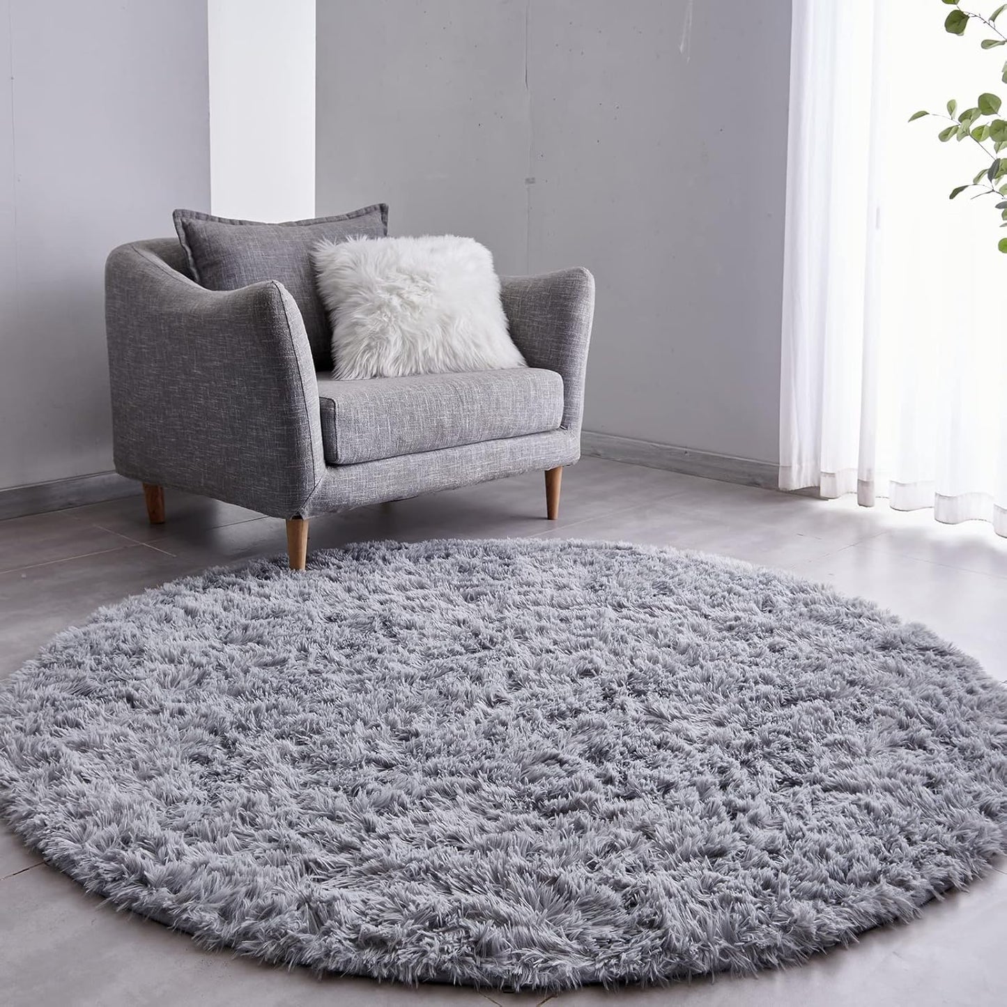 FJZFING Grey Round Rug Ultra-Soft Plush Modern 7x7 Circle Area Rug for Kid's Bedroom, Fluffy Shag Circular Rug for Nursery Room, Non-Slip Home Decor Cute Grey Carpet for Teen's Room