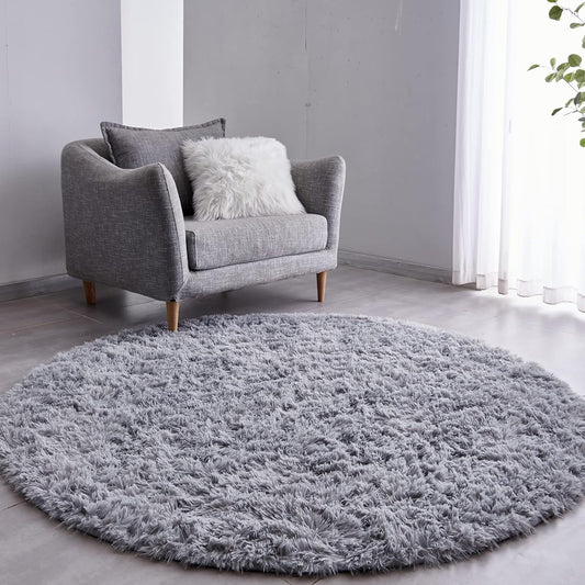 FJZFING Grey Round Rug Ultra-Soft Plush Modern 7x7 Circle Area Rug for Kid's Bedroom, Fluffy Shag Circular Rug for Nursery Room, Non-Slip Home Decor Cute Grey Carpet for Teen's Room