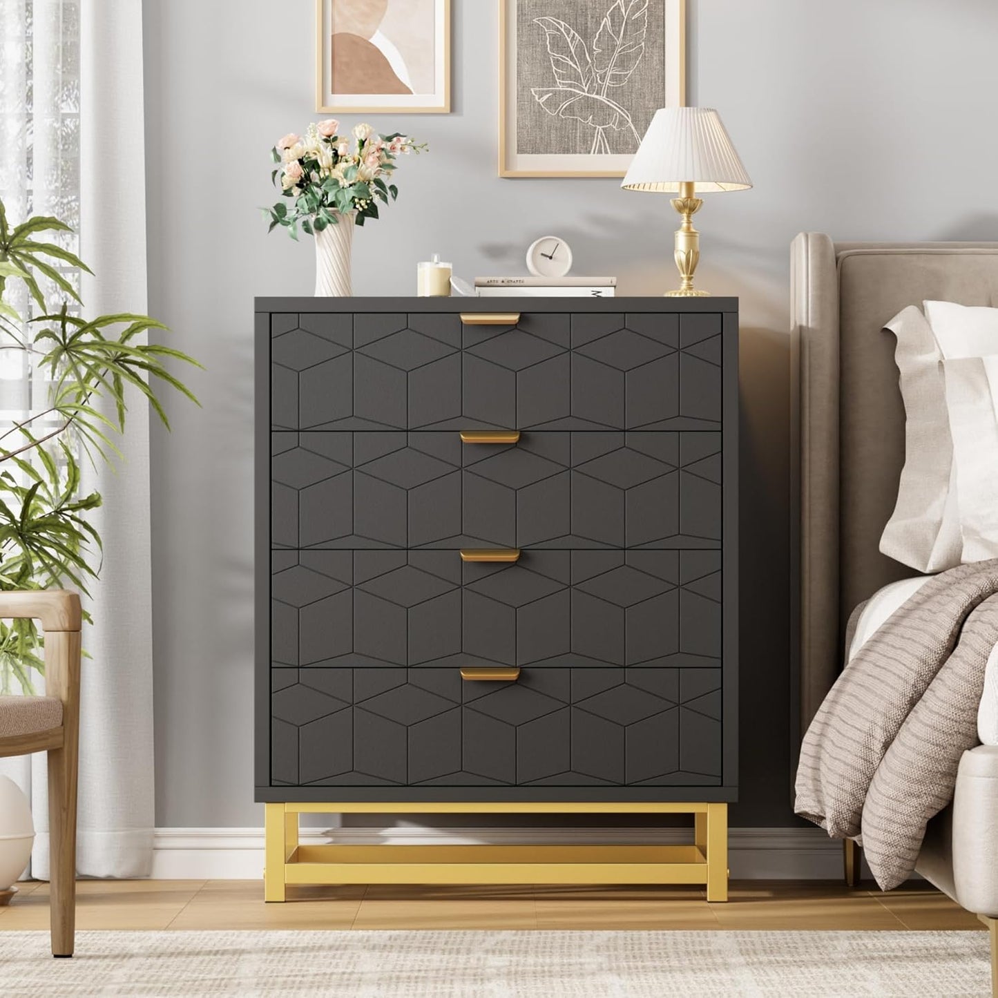 GAOMON Black Dresser, 4 Drawer Dresser for Bedroom, Wood Chest of Drawers, Modern Dressers with Gold Metal Handles for Living Room, Hallway, Entryway