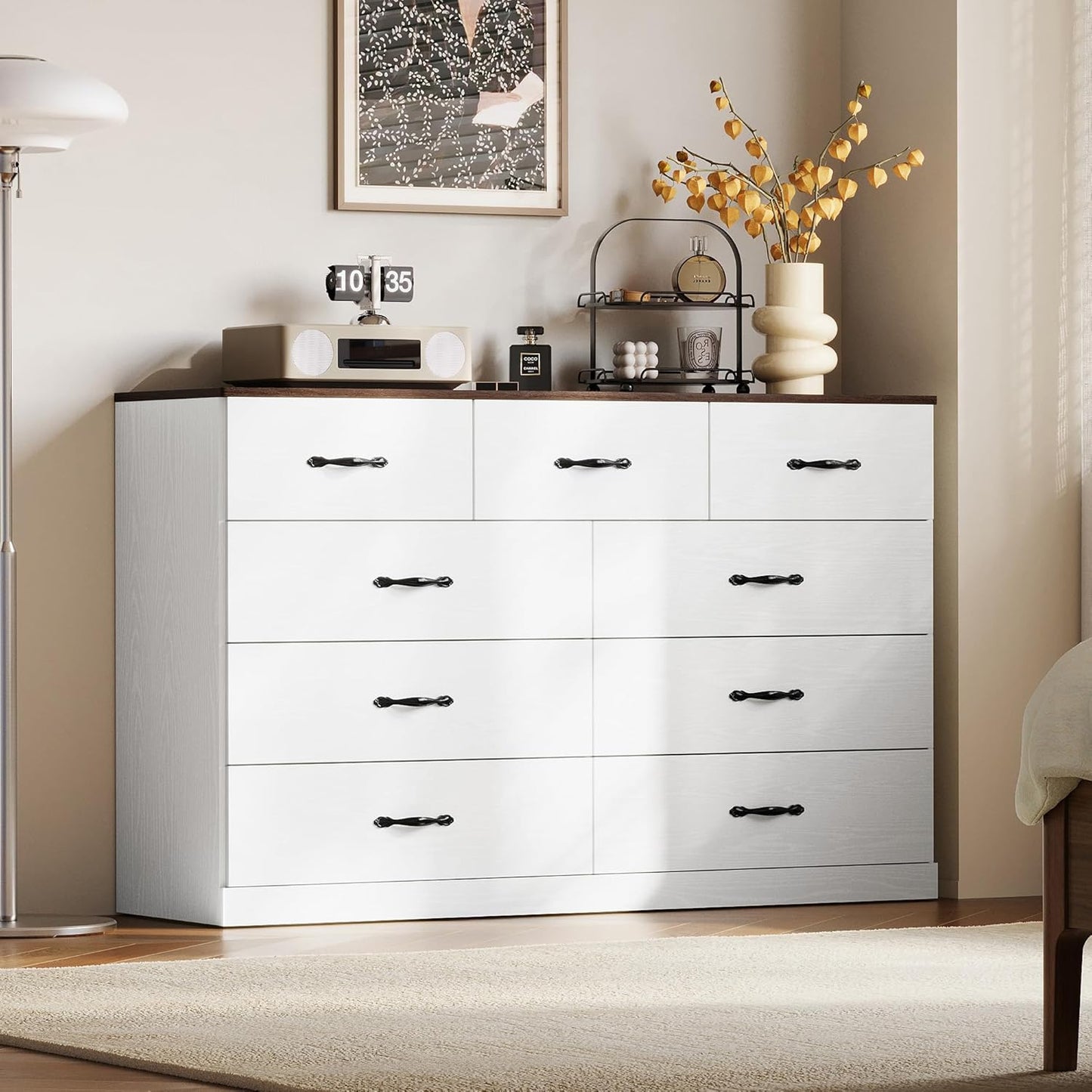 LINSY HOME 9 Drawer Dresser for Bedroom, 54" Wide Chest of Drawers, Modern TV Stand Dressers with Wood Frame and Metal Handles, Large Drawer Organizer for Bedroom, Living Room, White
