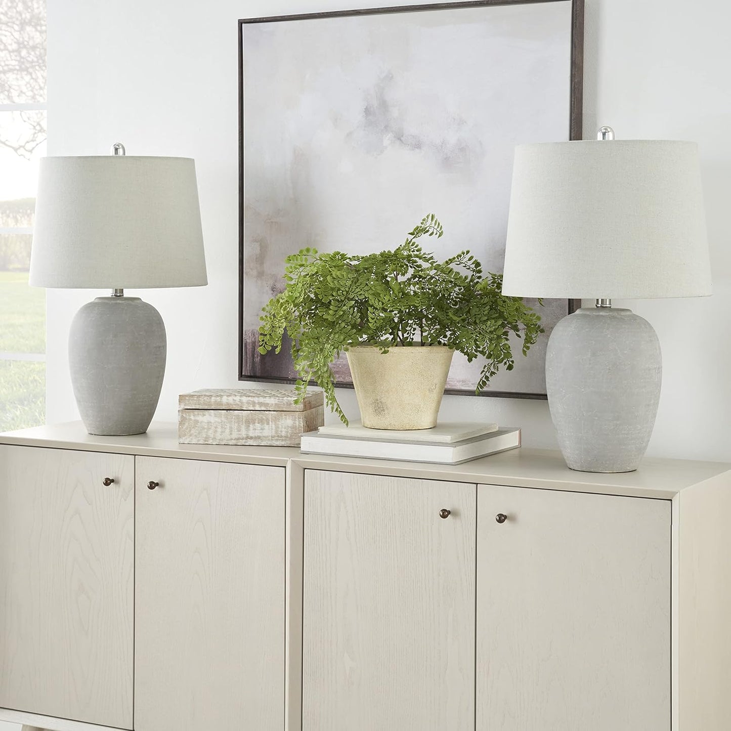 Nourison Home 23" Vintage Grey (White Washed) Ceramic Pot Table Lamp for Bedroom, Living Room, Dining, Office, with Grey Shade