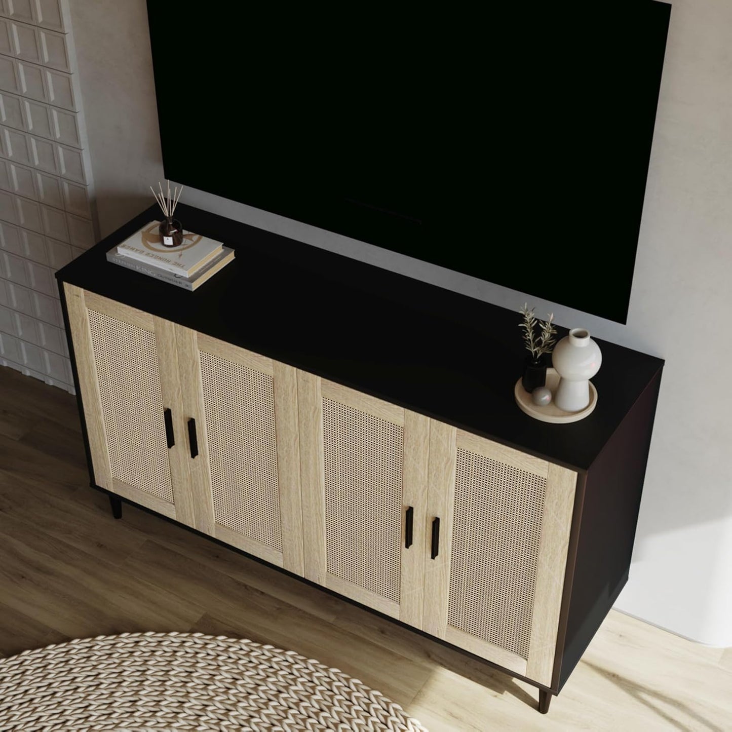 Black Buffet Sideboard,Kitchen Storage Cabinet with 4 Rattan Decorated Doors,Coffee Bar Cabinet with Adjustable Shelves for Living Room,Hallway