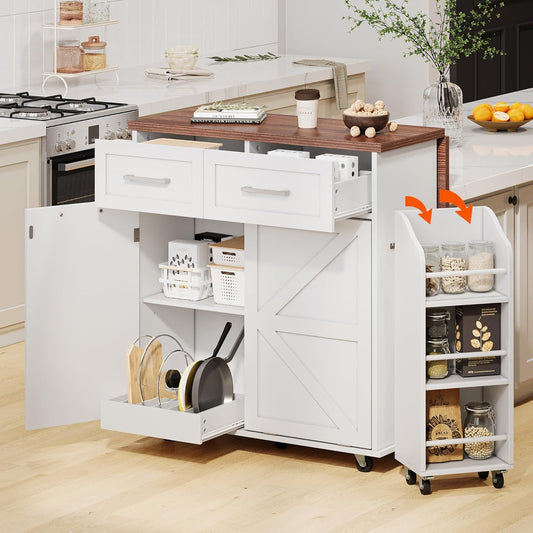 Ball & Cast Farmhouse Kitchen Island with Drop Leaf,Rolling Kitchen Cart on 5 Wheels W/Removable Side Racks and 2 Drawers,Kitchen Storage Cart W/Towel Rack,for Kitchen,Dining Room,White,47.2"