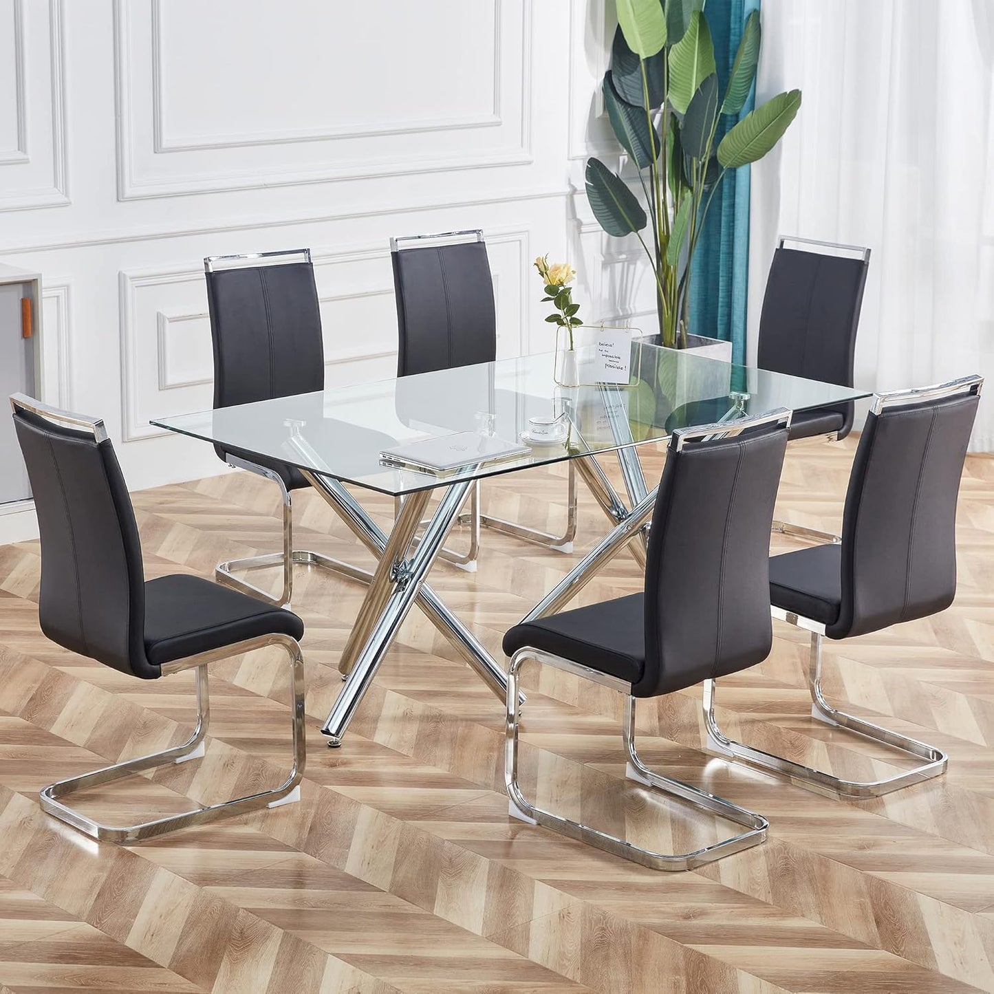 Dining Chairs Set, Kitchen Modern Metal Chairs with Faux Leather Padded Seat High Back and Sturdy Chrome Legs, Chairs for Dining Room (Black, Set of 6)