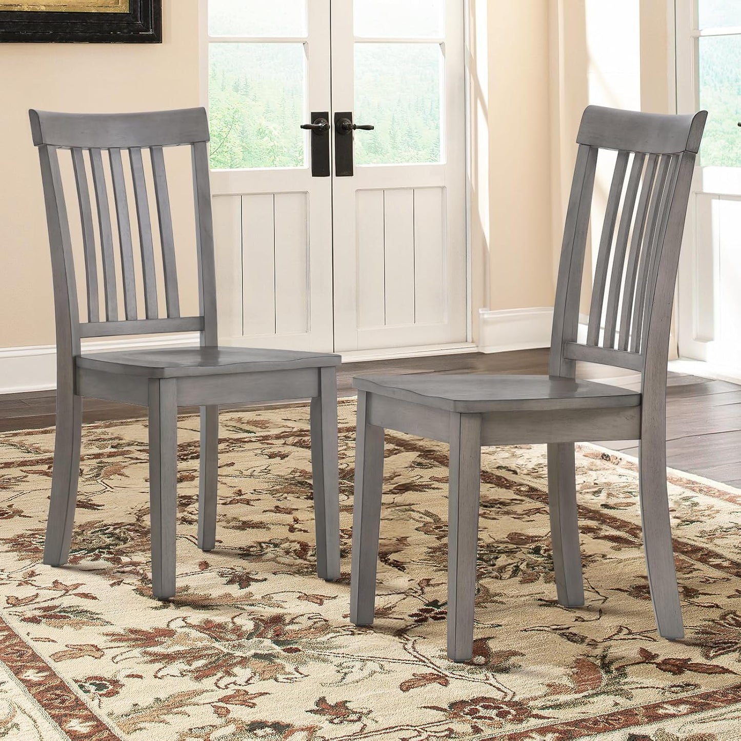 COLAMY Wooden Dining Chairs Set of 2, Spindle High Back Windsor Kitchen Side Chair, Farmhouse Dining Chairs for Kitchen and Dining Room, Light Grey