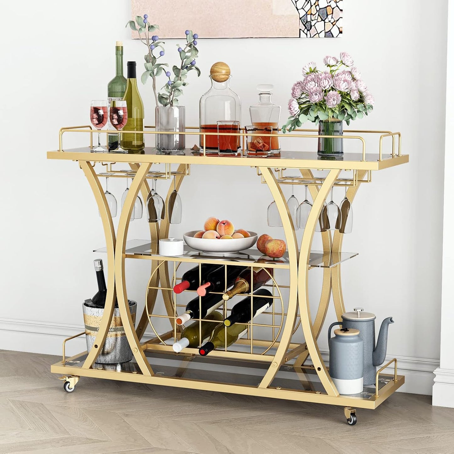Gold Bar Carts with Glass Holders & Wine Rack,3 Tier Home Bar Serving Carts with Glass Shelves,Metal Rolling Bar Carts for The Home Kitchen, Party