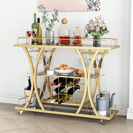 Gold Bar Carts with Glass Holders & Wine Rack,3 Tier Home Bar Serving Carts with Glass Shelves,Metal Rolling Bar Carts for The Home Kitchen, Party