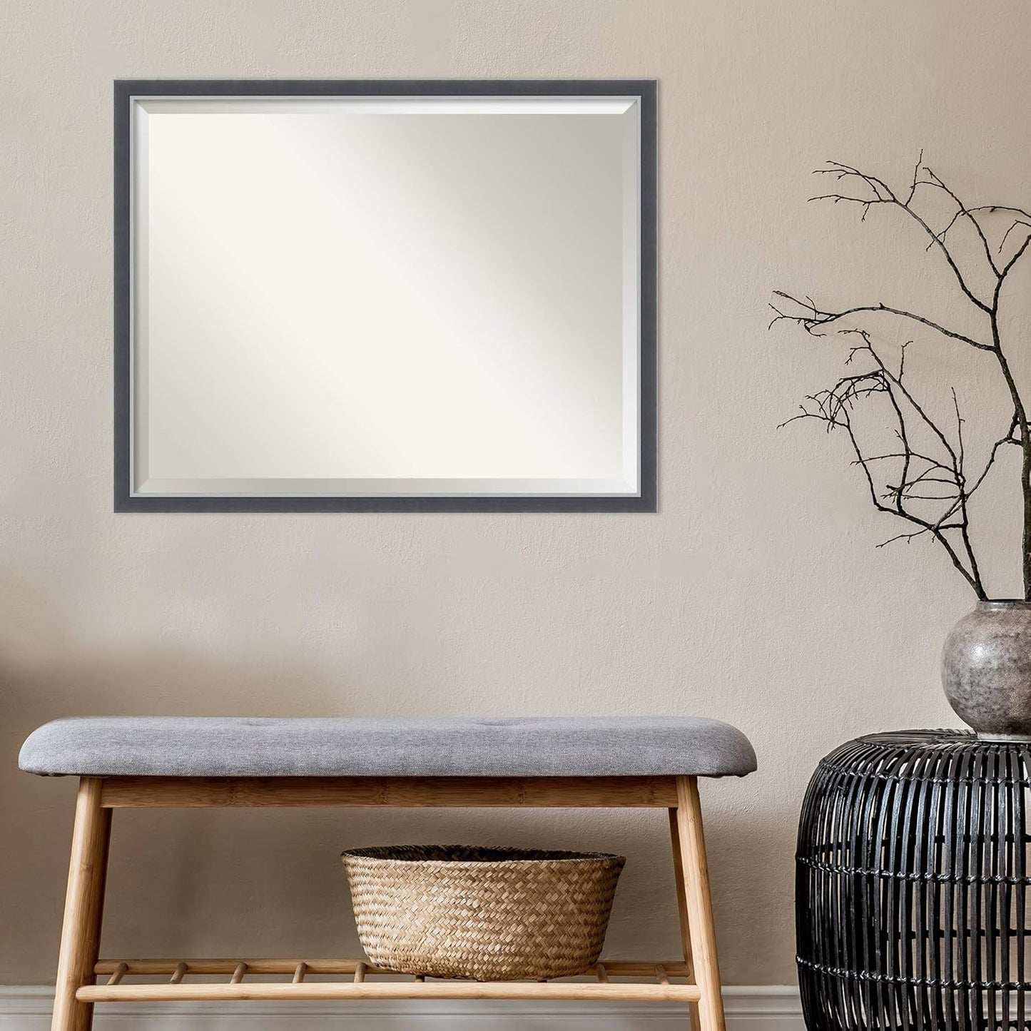 Amanti Art Black Bathroom Mirror for Over Sink, 24x30 Eva Black Silver Thin Rectangle Vanity Mirror, Large Modern Contemporary Frame, Hangs Horizonally and Vertically, Bathroom Wall Decor, Beveled