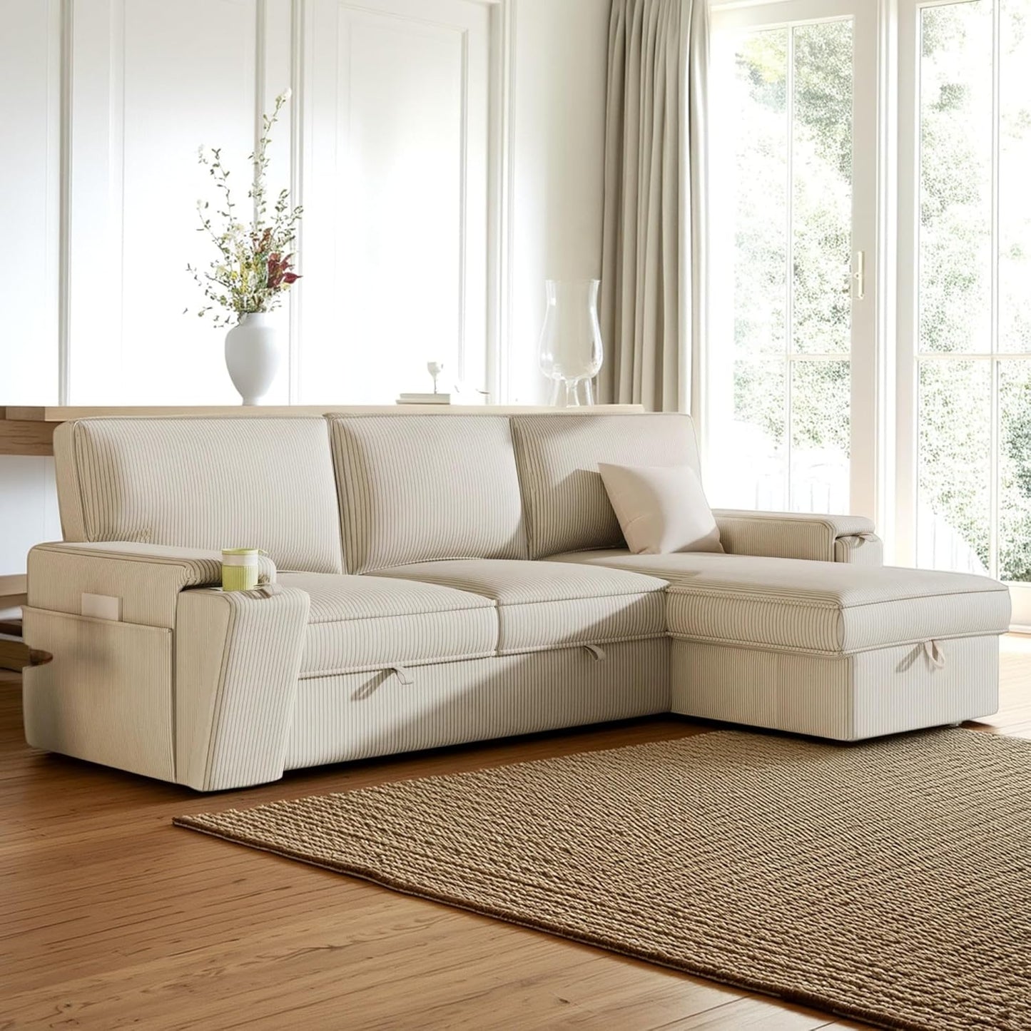 96.1 Inch L-Shaped Convertible Sectional Sleeper Sofa with Pull Out Bed, Storage Bags and 2 Hidden Cup Holders on Arms, Upholstered Corner Couch for Living Room Office Apartment, Beige