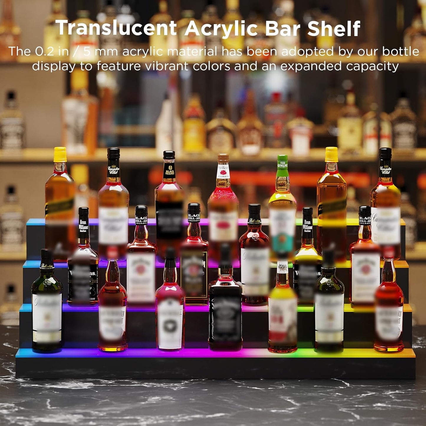 Dethan 4 Tier 40 Inch Liquor Bottle Display Shelf - Wine Racks with Multi-Color App & Remote Control, Adjustable Brightness & Sound Modes, Acrylic Bar Shelves for Commercial Clubs