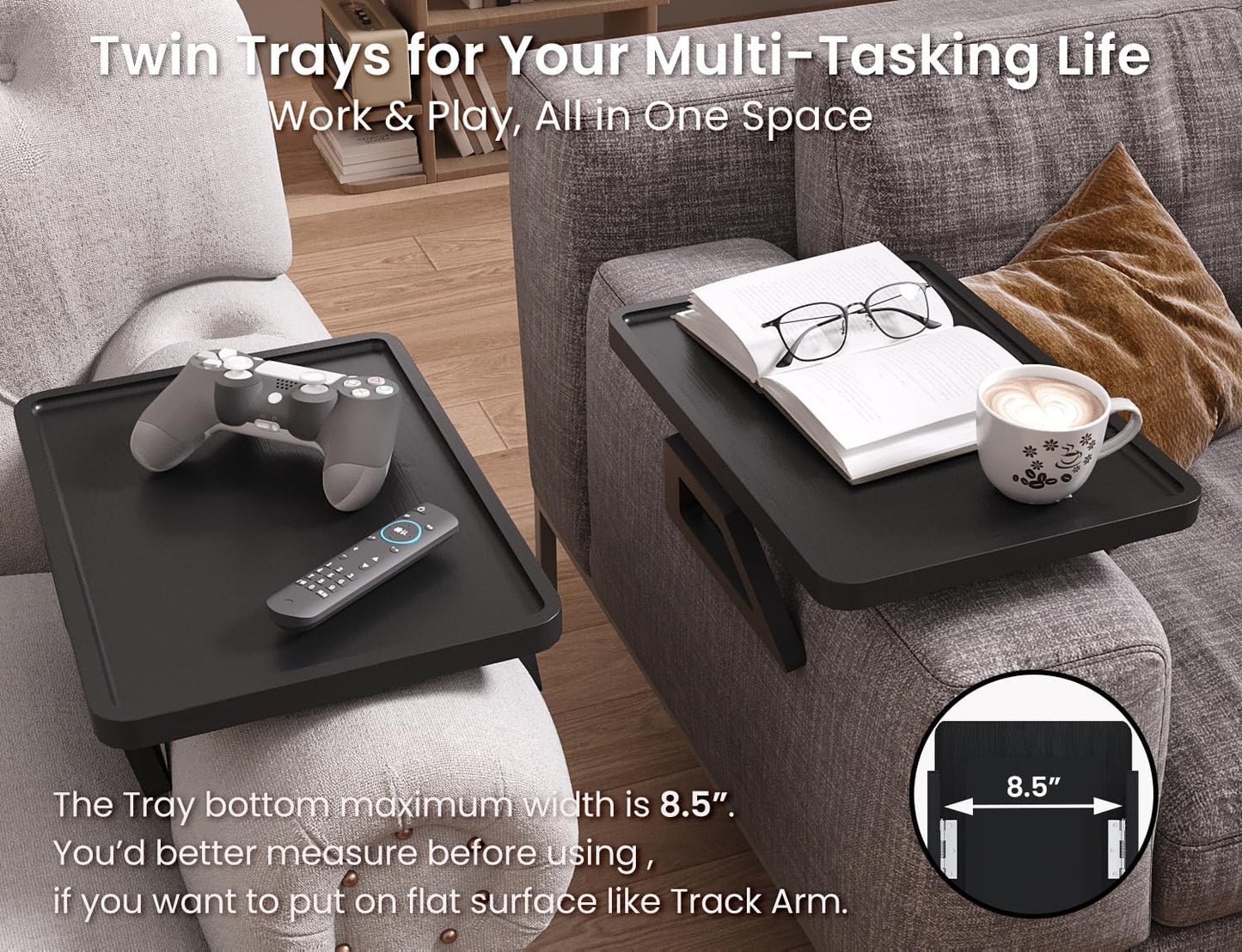 2 Pack Couch Arm Tray,Bamboo Folding Sofa Tray,Sofa Armrest Trays Clip-On Couch Desk for Drinks,Snacks,Phone,Remote Control（Black）