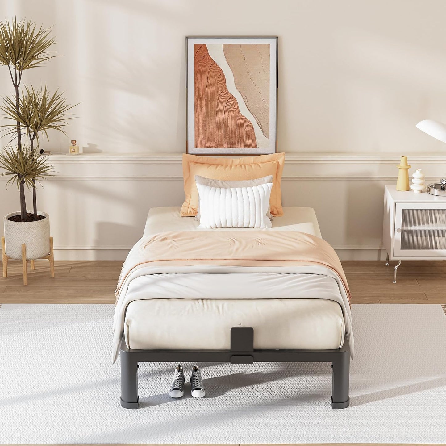 FUIOBYVV 6 Inch Twin Bed Frame with Rounded Corner and Headboard Hole Mattress Retainers 3500 LBS Metal Heavy Duty Steel Slats Support No Box Spring Needed Platform Noise Free Easy Assembly