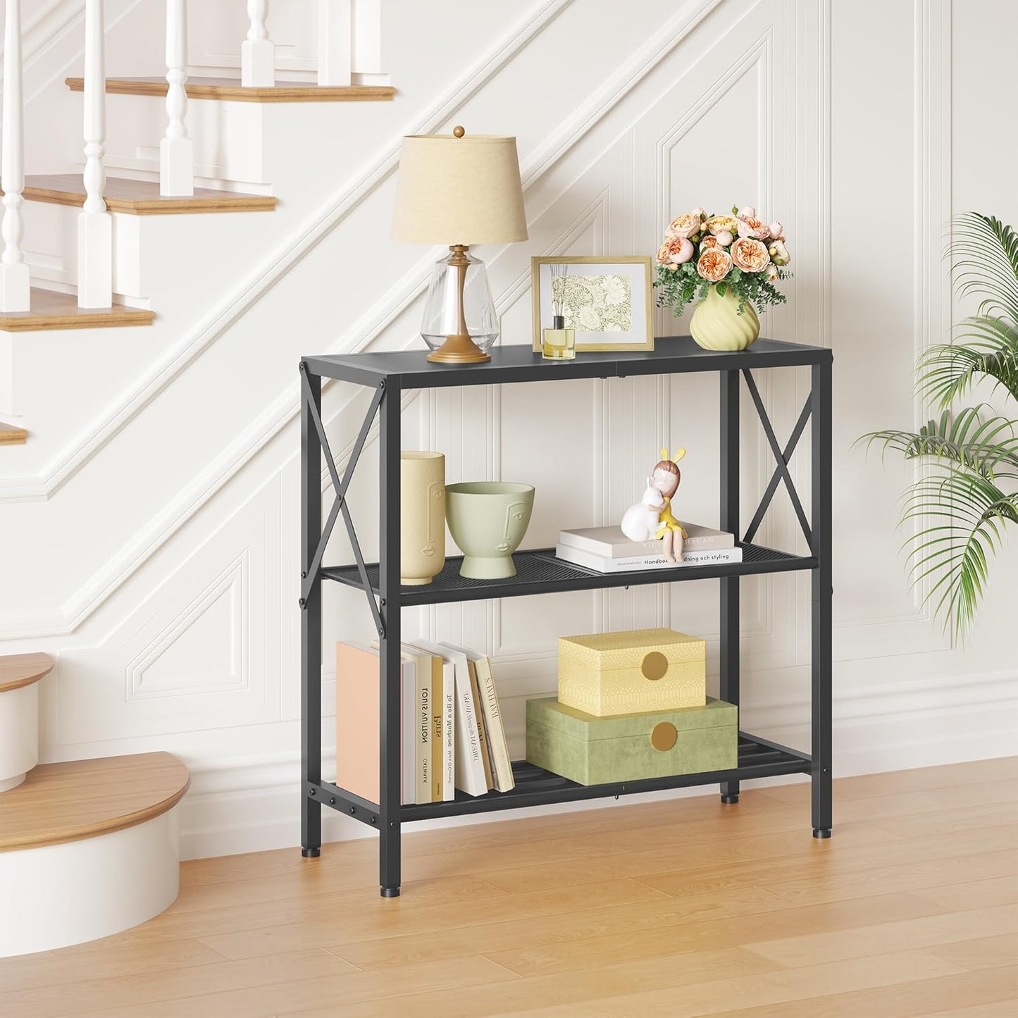 Hoctieon Industrial Console Table, 3-Tier Entryway Table, Metal Frame, Sofa Tables with Shelf, Hallway Desk, Entrance Desk for Entryway, Living Room, Foyer, Hallway, Black