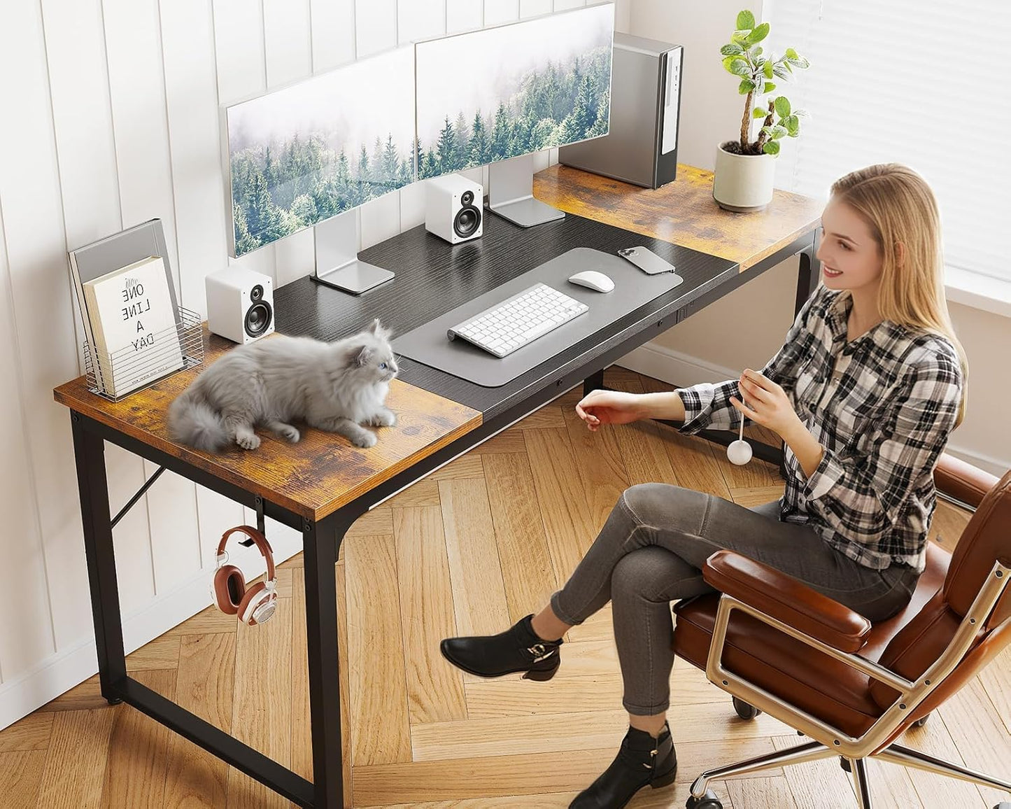 Coleshome 63 Inch Computer Desk, Modern Simple Style Desk for Home Office, Study Student Writing Desk, Vintage and Black