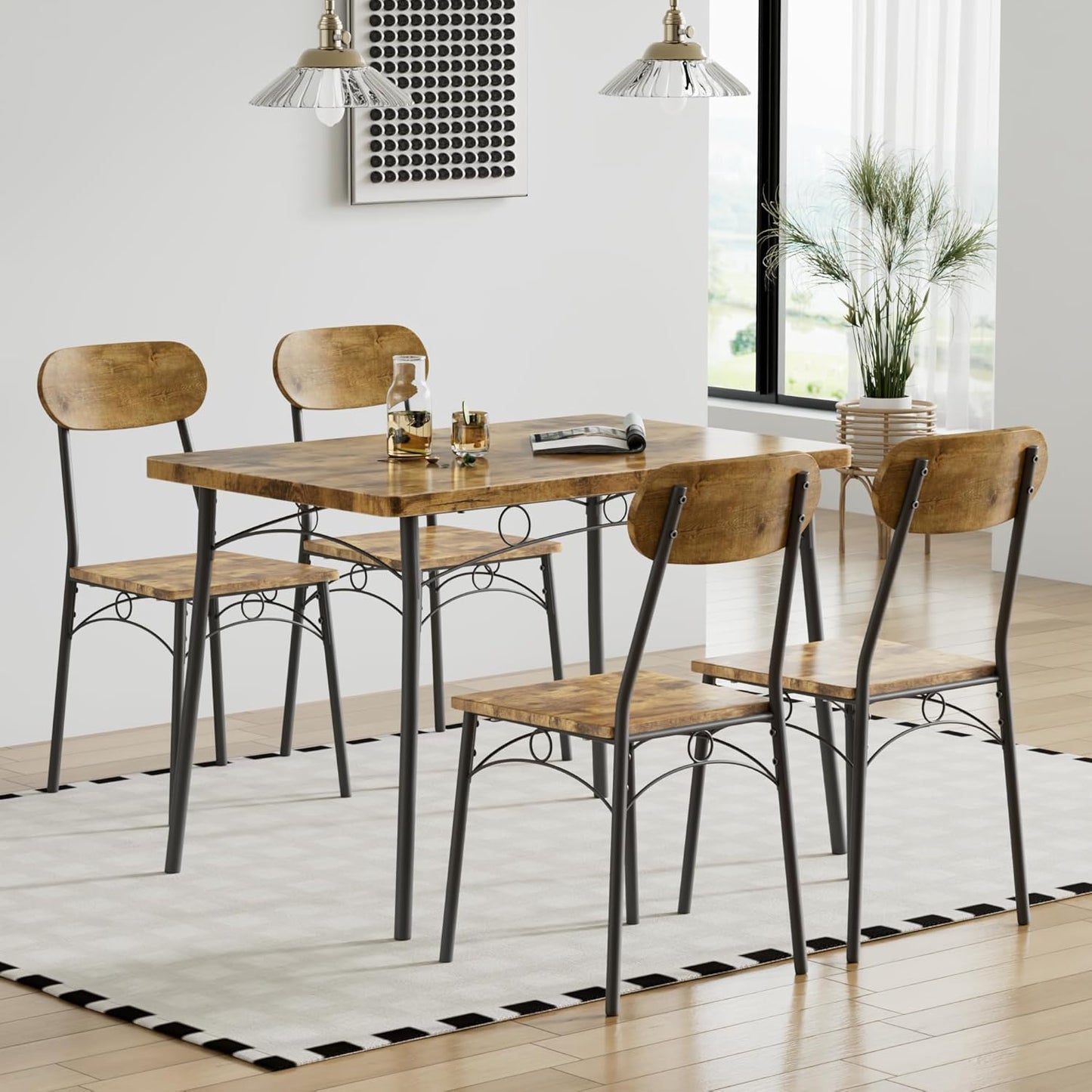 VECELO Dining Table Set for 4, 5-Piece Kitchen Table with 4 Chairs, MDF Board Tabletop with Metal Frame for Small Space, Compact Dinette, Breakfast Nook, Rustic Brown