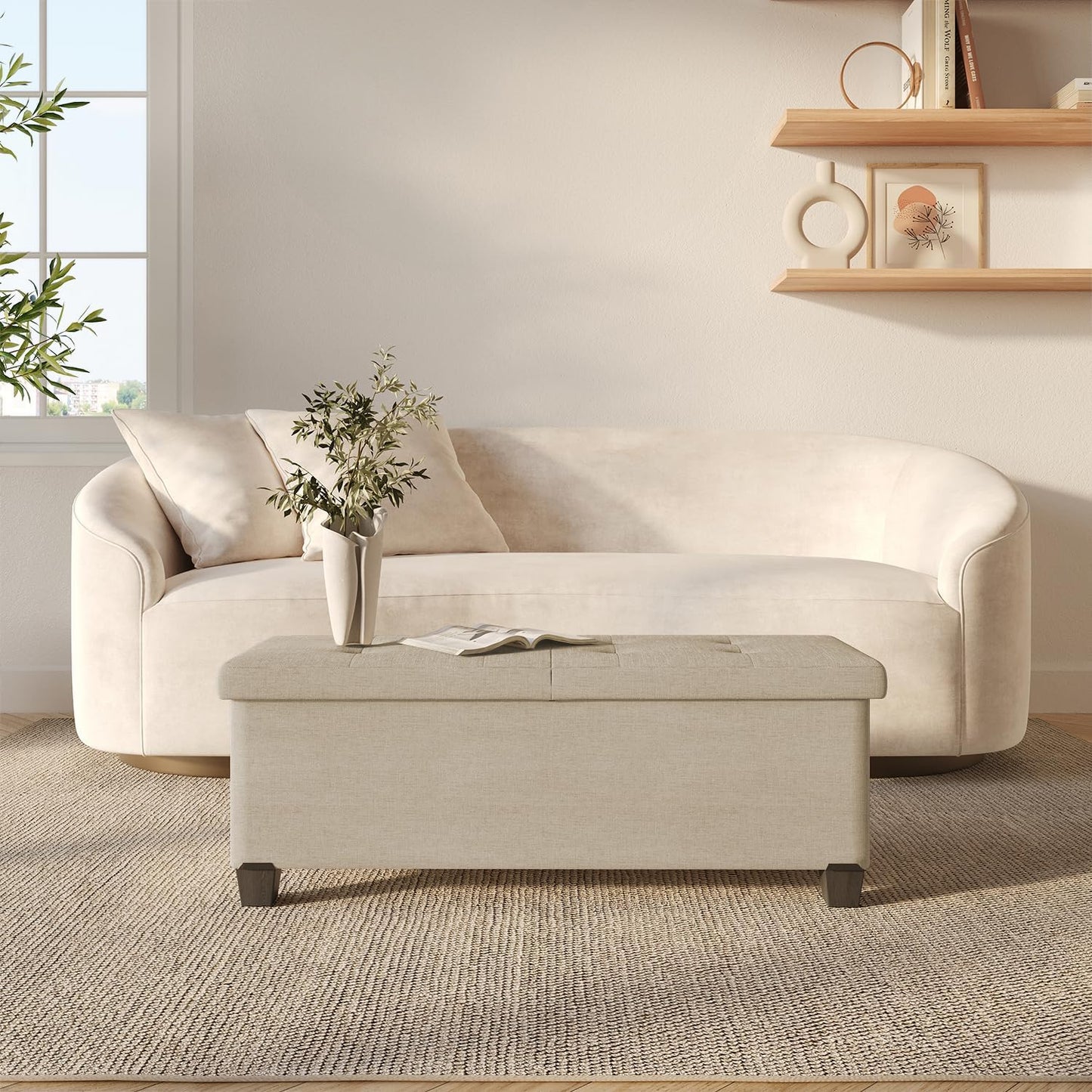 STORAGEBUD Storage Ottoman Bench with Bins, 43-in Storage Bench for Bedroom End of Bed, Folding Foot Rest Ottoman for Living Room Max 660lbs, Fabric Ottomans, Beige