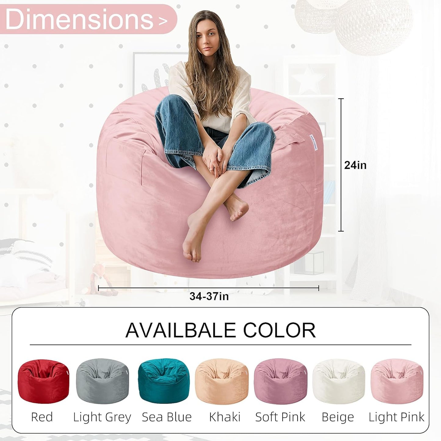HABUTWAY Bean Bag Chair 3Ft Luxurious Velvet Ultra Soft Fur with High Rebound Memory Foam Bean Bag Chairs for Adults Plush Lazy Sofa with Fluffy Sponge 3' (Pink)
