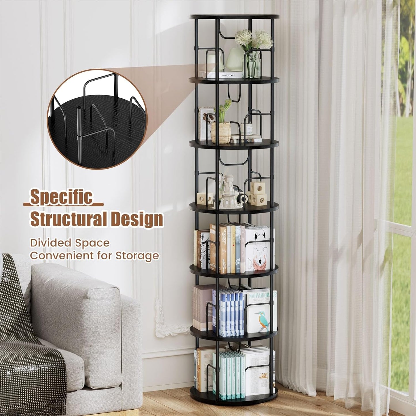 6 Tier Rotating Bookshelf, 360 ° Display Stackable Spinning Bookshelf Tower, Corner Bookshelf Tall Floor Standing Swivel Bookcase Narrow Storage Organizer for Bedroom, Living Room, Black