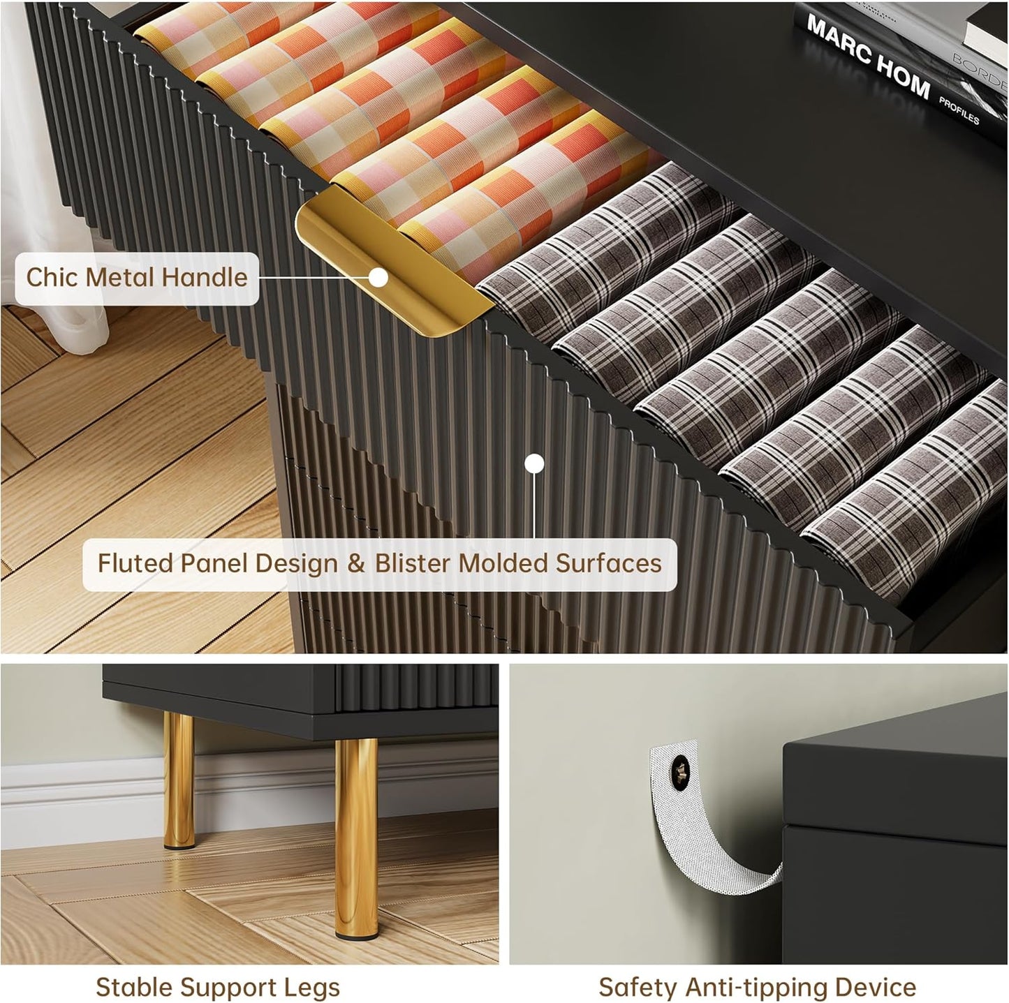 Black Dresser, Modern 3 Drawer Dresser for Bedroom with Gold Handle and Large Drawer, Wood Double Chest of Drawers and Storage Organizer for Living Room, Hallway, Entryway