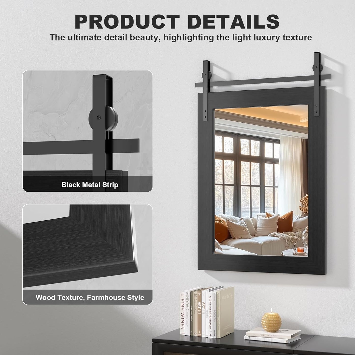 Hasipu Farmhouse Bathroom Mirror, 18"x26" Rustic Wood Framed Wall Mounted Mirror, Black Vintage Vanity Mirror Barn Door Style Decrative Mirrors