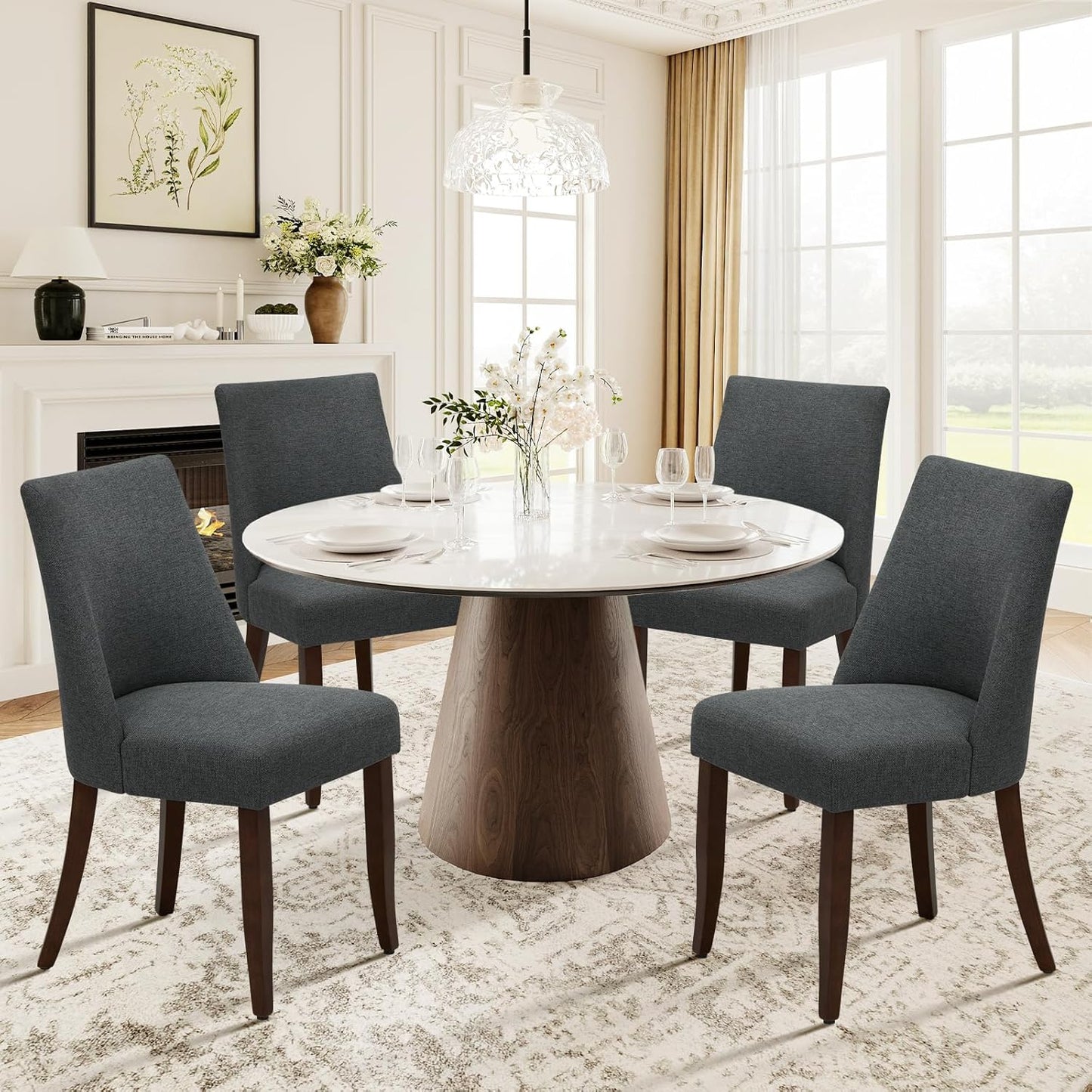 COLAMY Upholstered Dining Chairs Set of 4, Mid Century Modern Kitchen Chairs with Back, Farmhouse Fabric Side Dining Room Chairs with Wood Legs for Dining Room Restaurant, Dark Grey