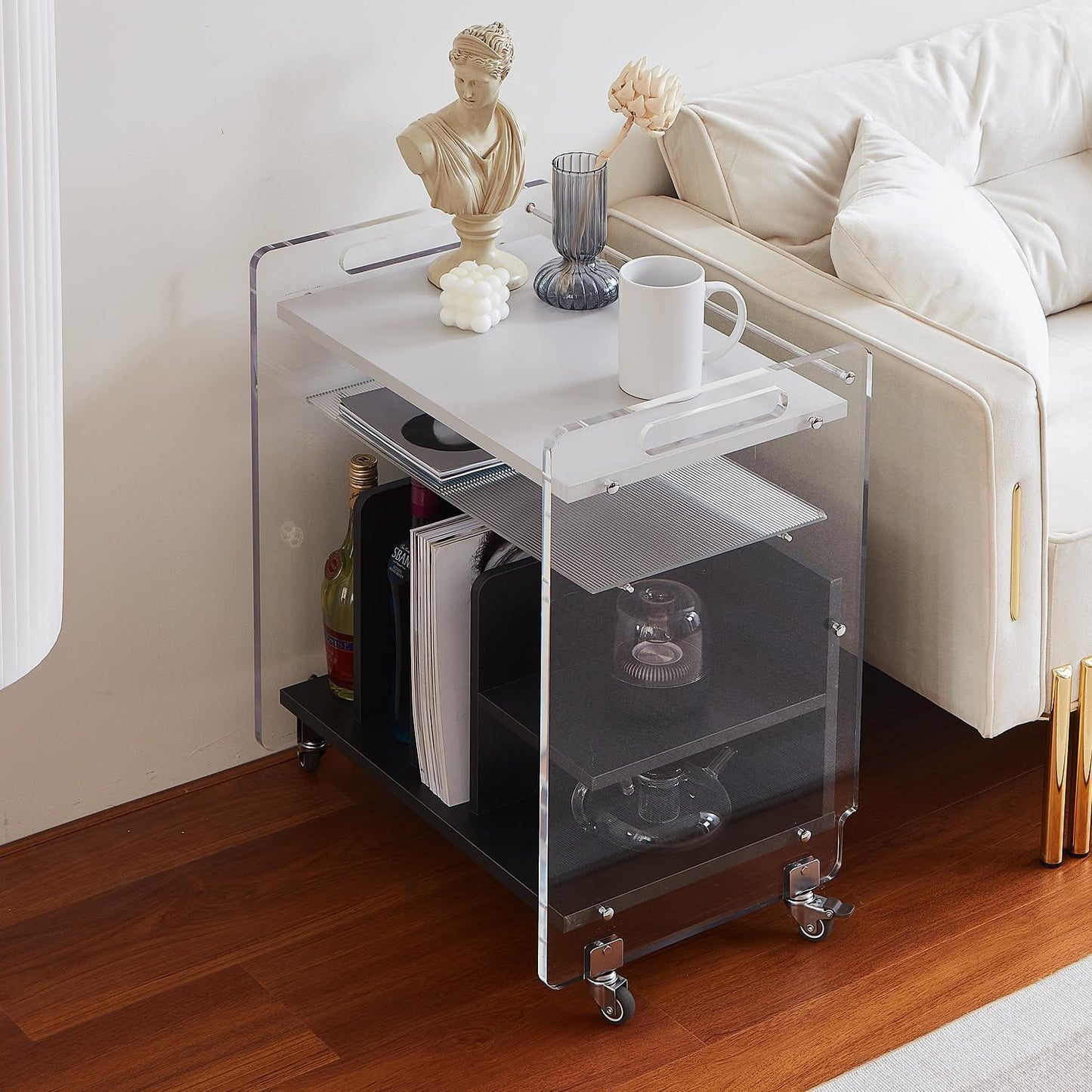 Acrylic Record Player Stand，Vinyl Storage Holder Cabinet with Wheels，Large Turntable Stand with Shelf,Coffe Table Movable End Table Nightstand Stereo Cabinet for Living Room Bedroom Office