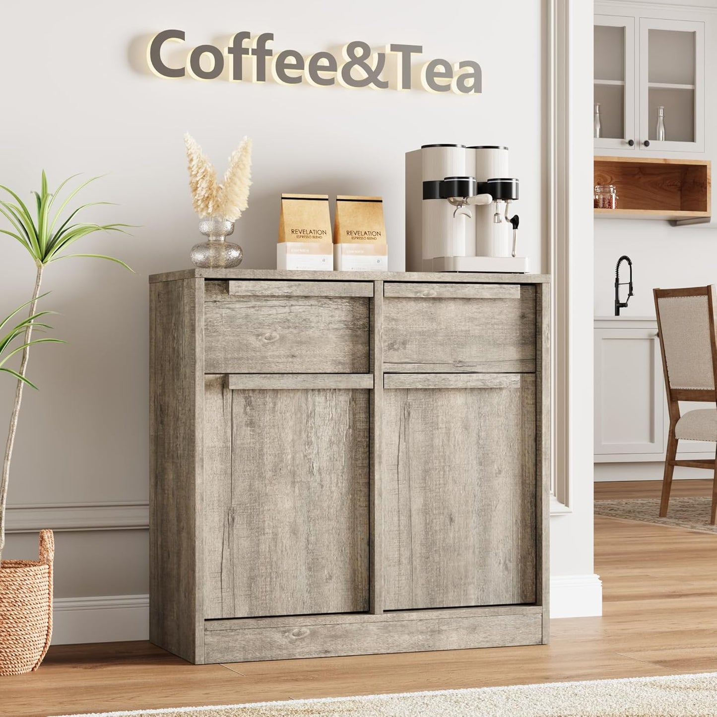 GarveeHome Sideboard Buffet Cabinet with 2 Drawers, 31.5" Large Coffee Cabinet with Storage, Modern Storage Buffet Table for Kitchen Dining Room, Living Room (Grey, 2 Doors & 2 Drawers)