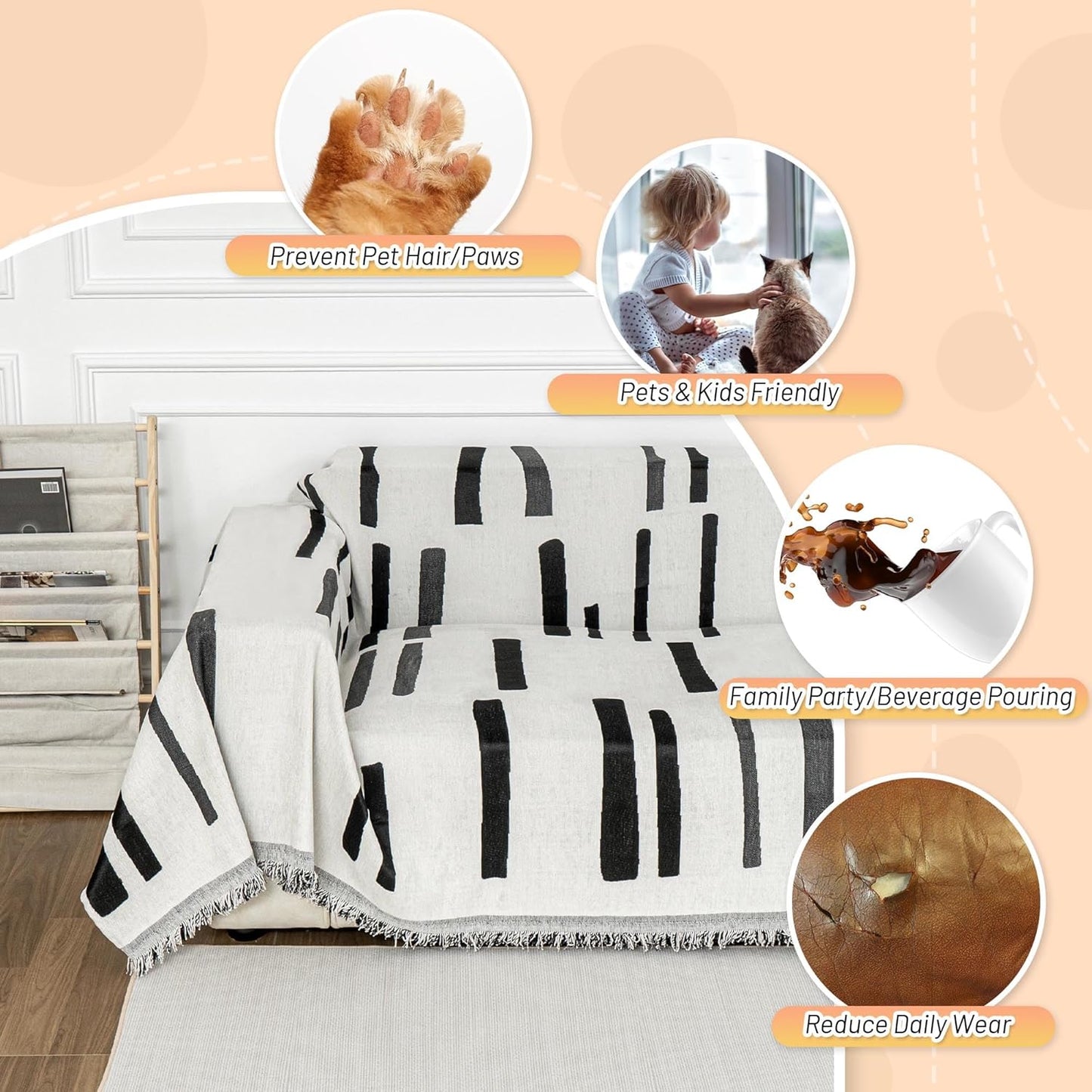 MYSKY HOME Sofa Covers for Sectional Sofa, Couch Cover for Dogs, Couch Covers with Tassel Loveseat Covers Futon Cover L Shaped Cover Washable Chenille Couch Protector, 71" x 134", Black Piano Key