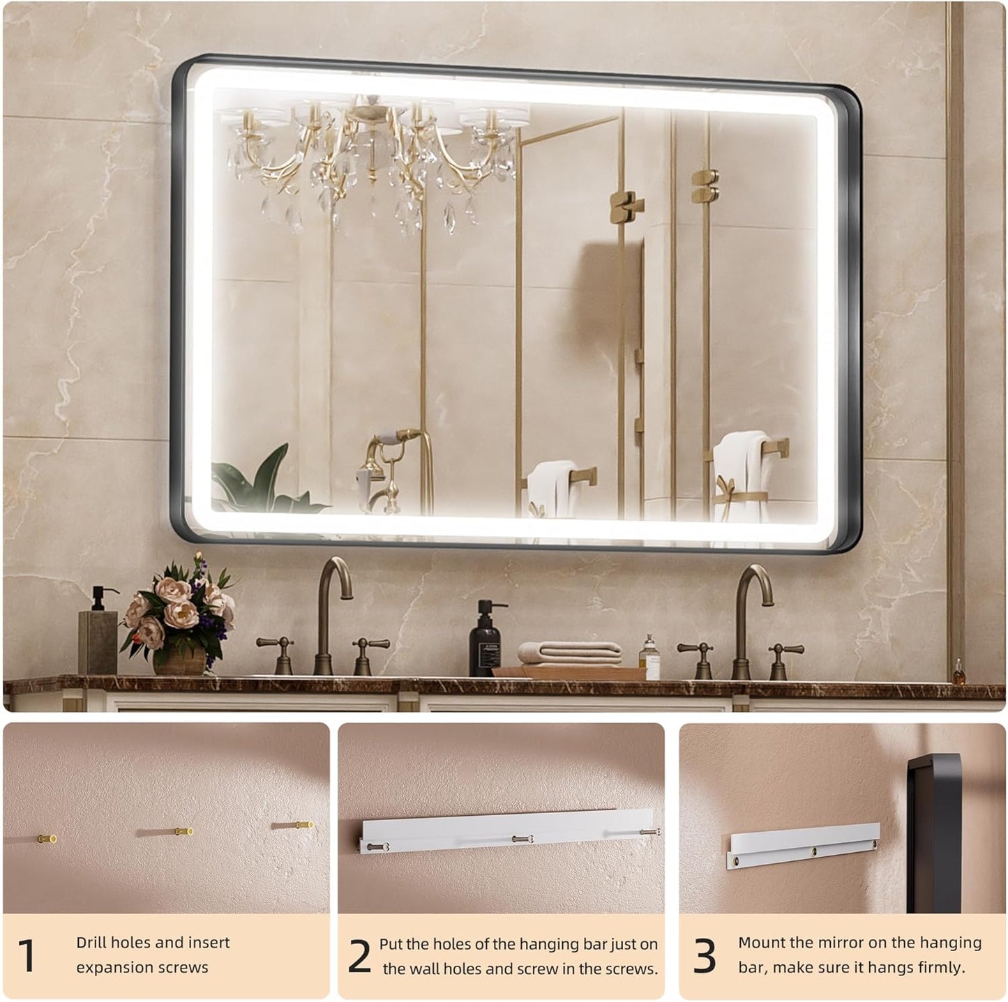 Hasipu LED Bathroom Mirror with Lights 40 x 26 Inch, Black Metal Frame Light Mirror for Vanity Anti-Fog, Dimmable, 3 Colors (Horizontal/Vertical)