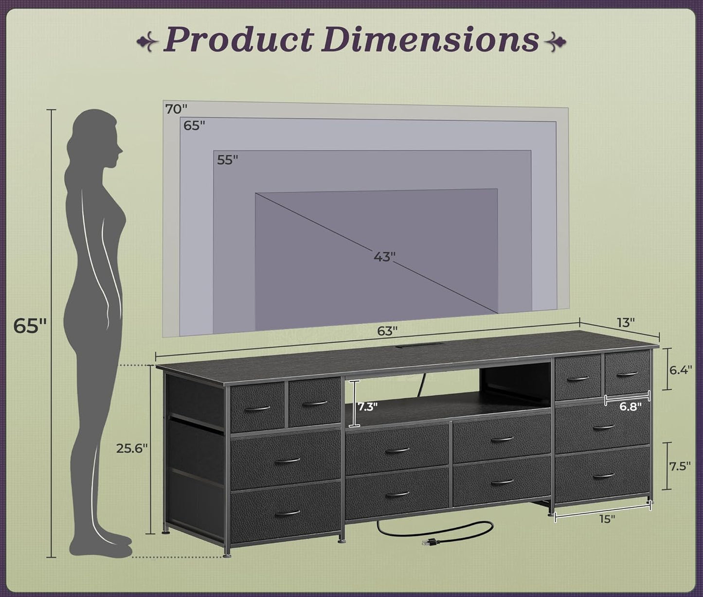 Huuger 63 Inch Dresser TV Stand with LED Lights, Power Outlets and USB-C Port, 12 Fabric Drawer Dresser for Bedroom, Wide Entertainment Center for 65, 70 Inch TV, Open Shelf, Black