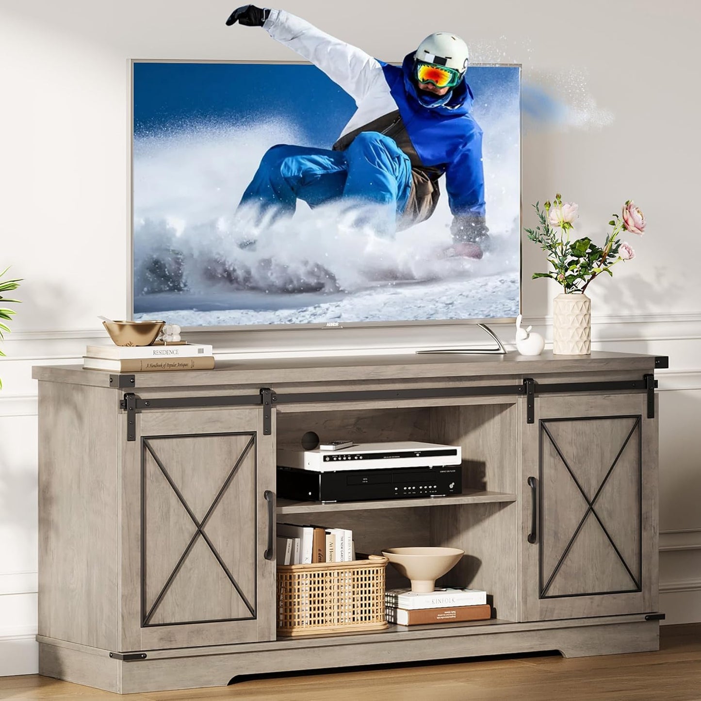 GarveeHome Farmhouse TV Stand for TV up to 65 Inches and Entertainment Center with Sliding Barn Doors and Adjustable Shelf, Tv Media Console Table with Storage Cabinet for Living Room, Bedroom, Grey