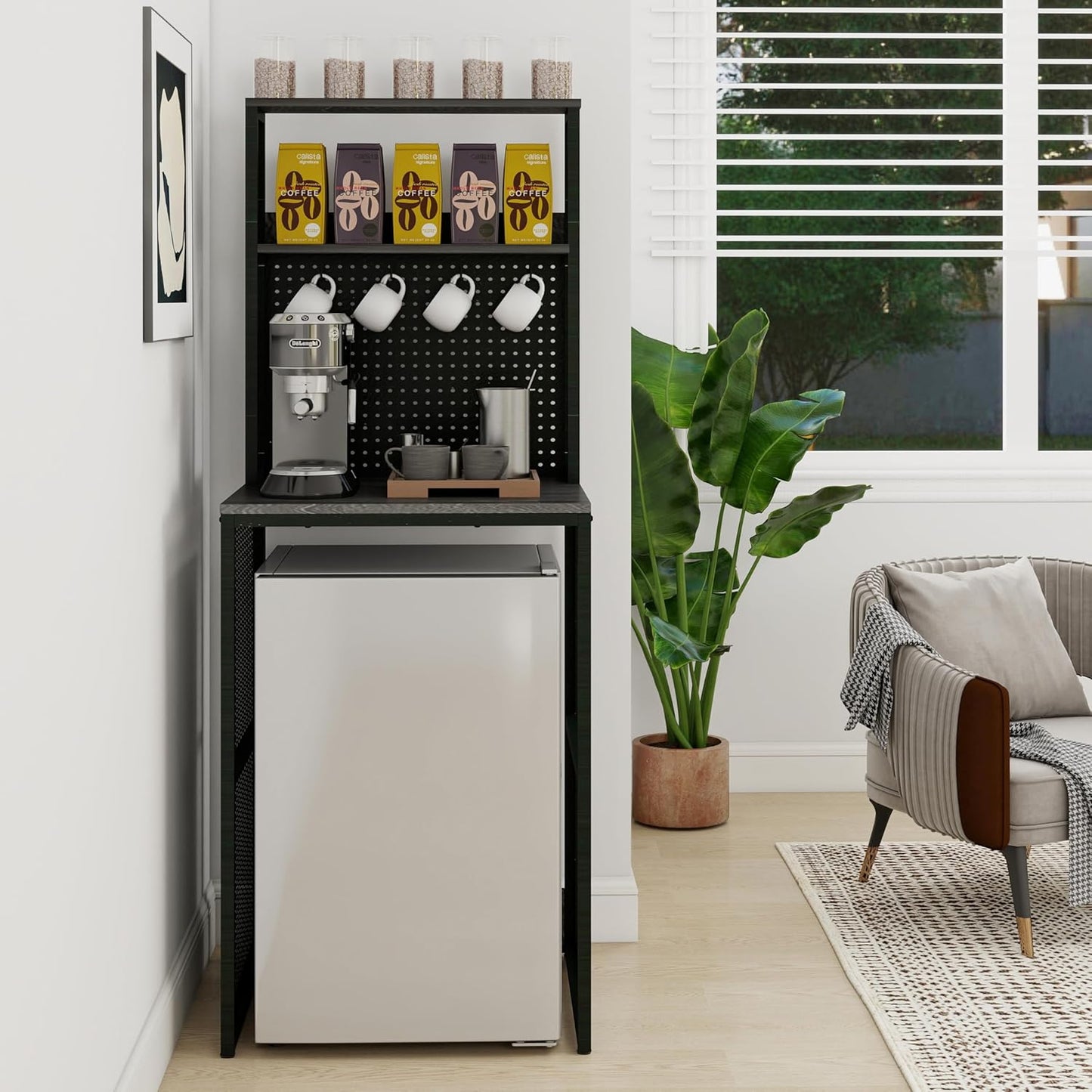 Mini Fridge Stand Shelf with Storage, Bakers Rack Coffee Bar Table Microwave Oven Stand with Mini Fridge Space for Home Kitchen Dorm, Slate Grey