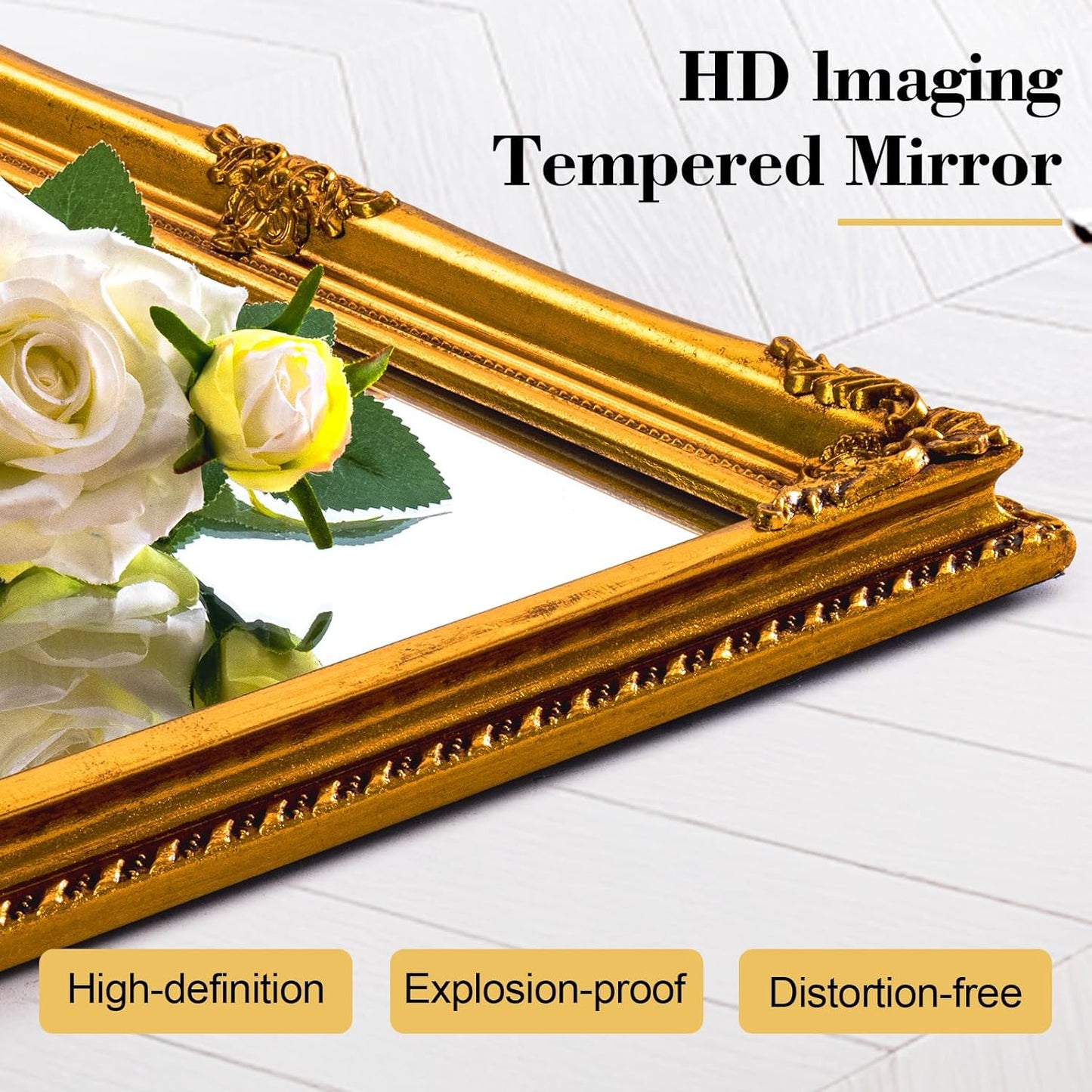 35" x 23" Large Antique Mirror, Gold Vintage Wall Mirror with Baroque Wood Frame for Elegant Victorian Living Room, Ornate Entryway Over Console