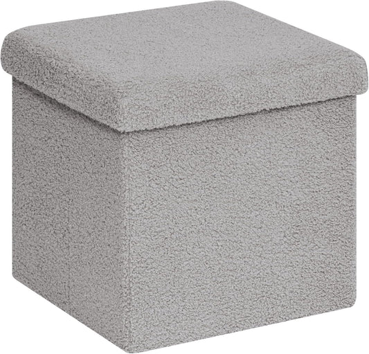 Folding Storage Ottoman Cube - Small Footrest with Sherpa Top, Multi-Functional Storage for Bedroom, Living Room-Grey