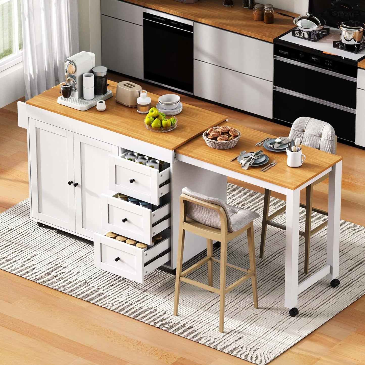 Ball & Cast 74.8" Kitchen Island with Extendable Dining Table,Kitchen Storage Cart W/Power Outlet and 3 Drawers,Rolling Kitchen Island on Wheels W/Spice Rack & 2 Door Cabinet,for Kitchen,White