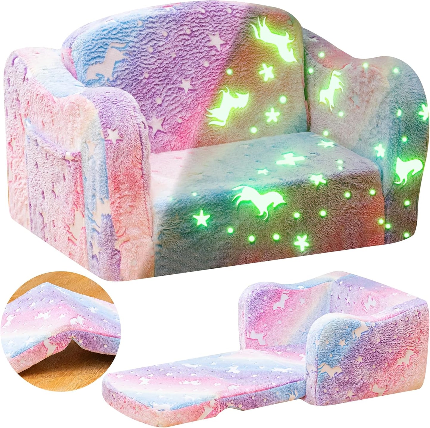 Lamerge 2-in-1 Toddler Couch,Glow in The Dark Baby Floor Bed,Foldable Toddler Chair Kids Sofa for playroom,Convertible Sofa to Lounger for Girls and Boys (Rainbow and Unicorn)