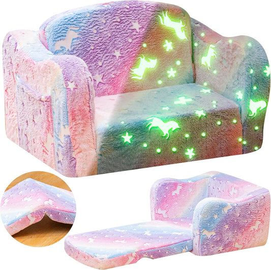 Lamerge 2-in-1 Toddler Couch,Glow in The Dark Baby Floor Bed,Foldable Toddler Chair Kids Sofa for playroom,Convertible Sofa to Lounger for Girls and Boys (Rainbow and Unicorn)