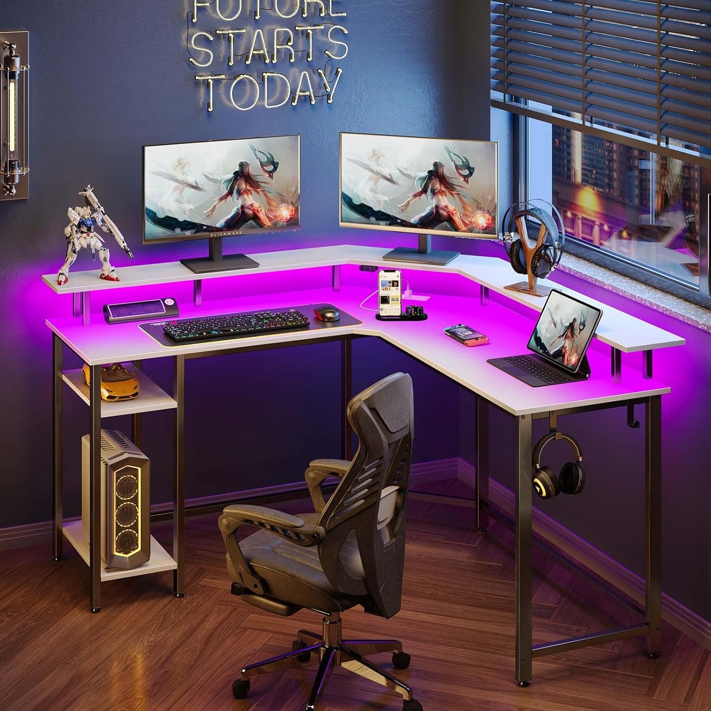 Rolanstar L Shaped Gaming Desk with LED Lights & Power Outlets, 53" Computer Desk with Full Monitor Stand & Storage Shelf, Corner Desk with Hooks, White Desk Reversible
