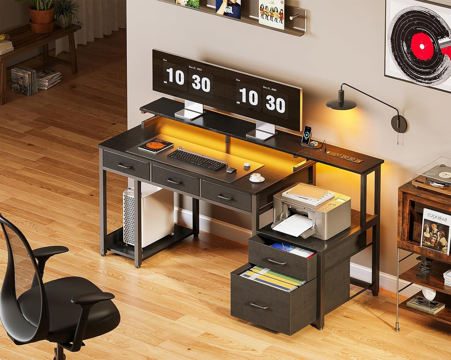 AODK 55 Inch Computer Desk with 3 Drawers and File Cabinet for Storage, Office Desk with Monitor Stand and LED Lights, Home Office Desks, Black