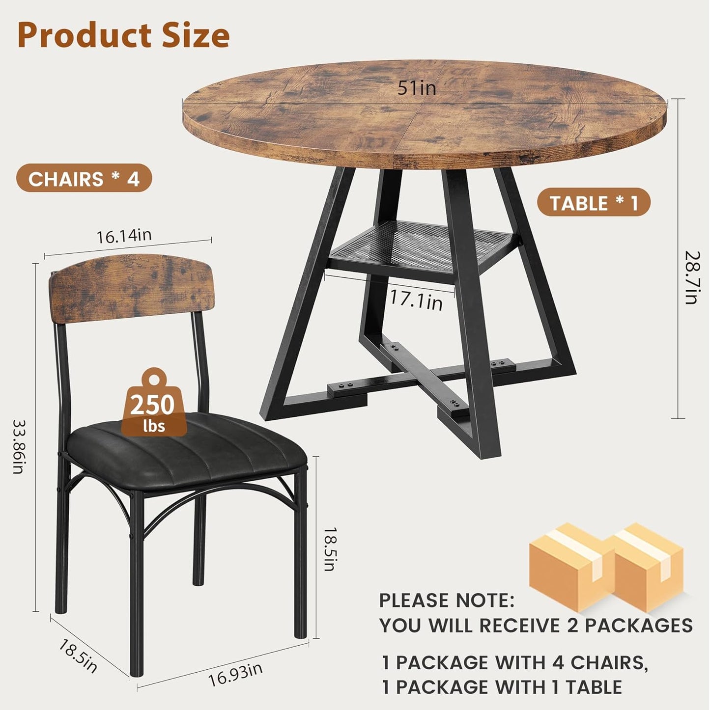 Round Dining Table Set for 6, Kitchen Table and Chairs for 4, Circle Table Round Pedestal Dining Room Dinner Dinette Table Set,5 Piece Space Saving Wood Kitchen & Dining Room Tables (Vintage, 51In)