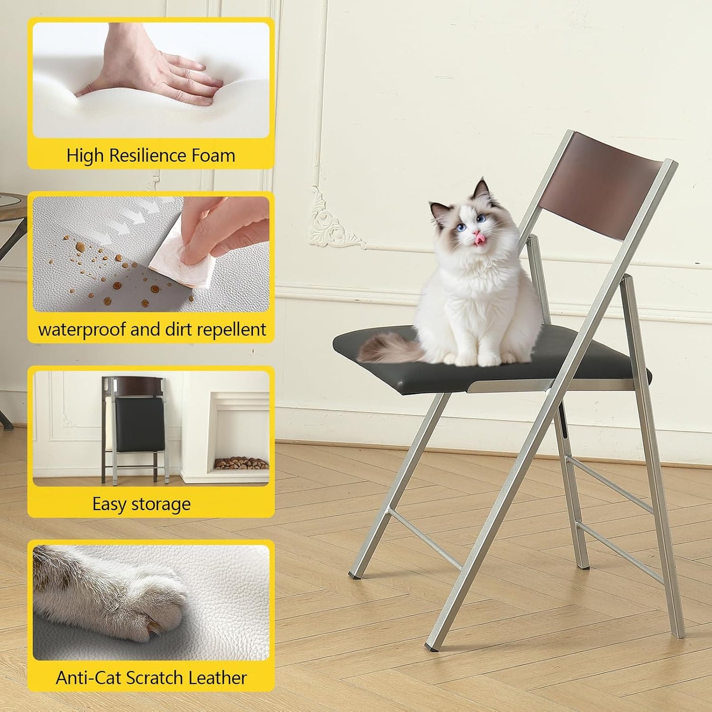 Folding Chairs with Cushion 2 Pack - Heavy Duty Steel Frame Foldable Dining Chairs, Waterproof Leather Indoor Outdoor Comfortable Folding Chairs for Home, Conference Rooms, Weddings, Events (Black)