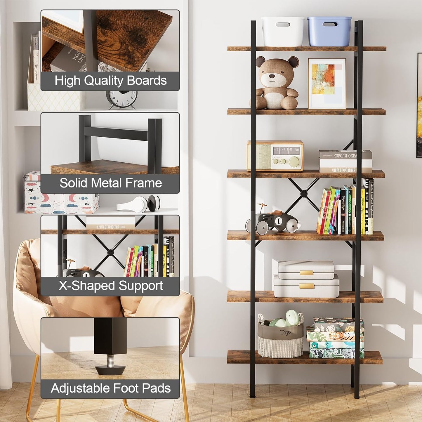6 Tiers Bookshelf Organizer Industrial Shelf,Modern Open Display Storage Bookcase,Rustic Brown and Metal Bookshelf Standing Storage Shelf Tall Shelving Units for Home Office Study