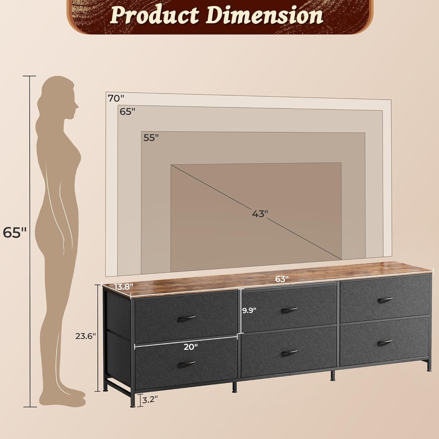 Huuger 63 Inch Long Dresser for Bedroom, Wide TV Stand for 55, 65, 70 Inch TV, 6 Drawer Dresser for Closet with Fabric Drawers, Storage Organizer for Bedroom, Entryway, Rustic Brown and Black