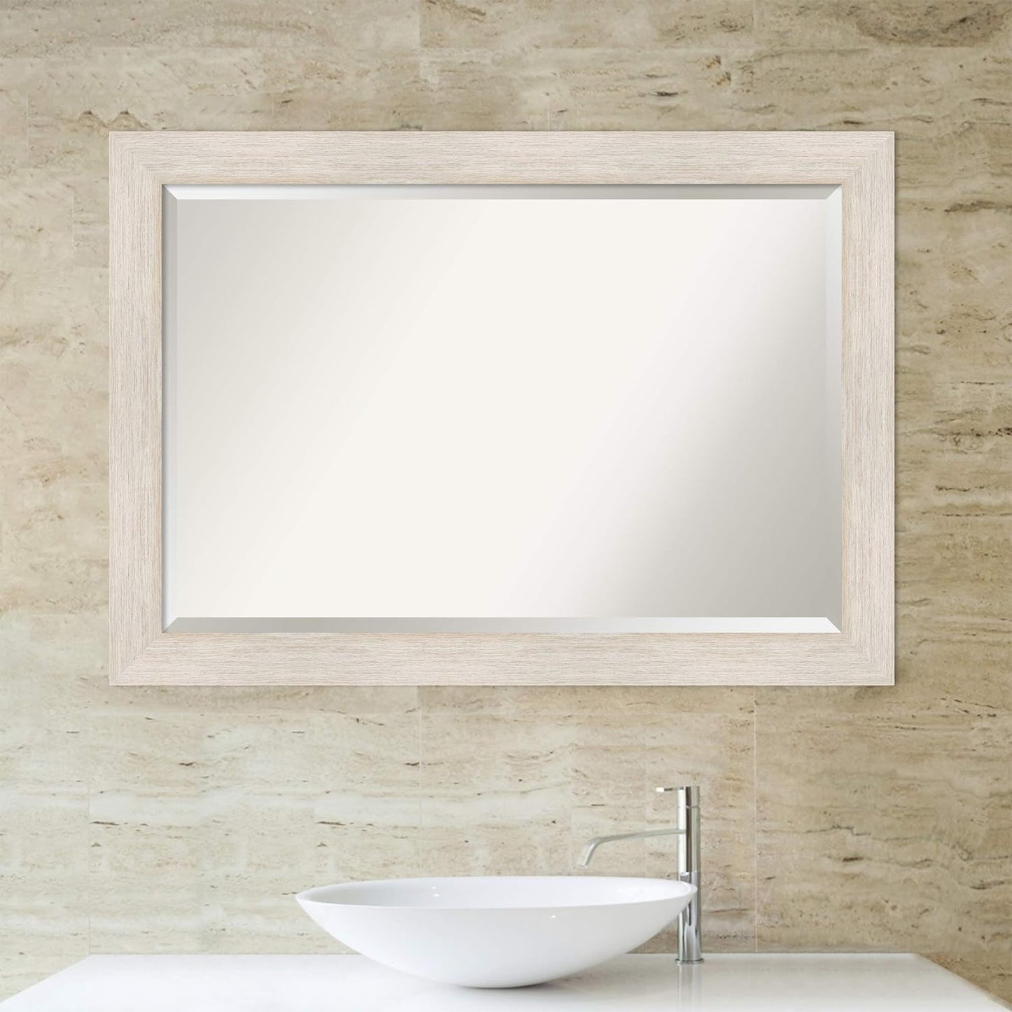 Amanti Art White Bathroom Mirror for Over Sink, 29x41 Hardwood White Wash Rectangle Vanity Mirror, Large Rustic Farmhouse Wood Frame, Hangs Horizonally and Vertically, Bathroom Wall Decor, Beveled