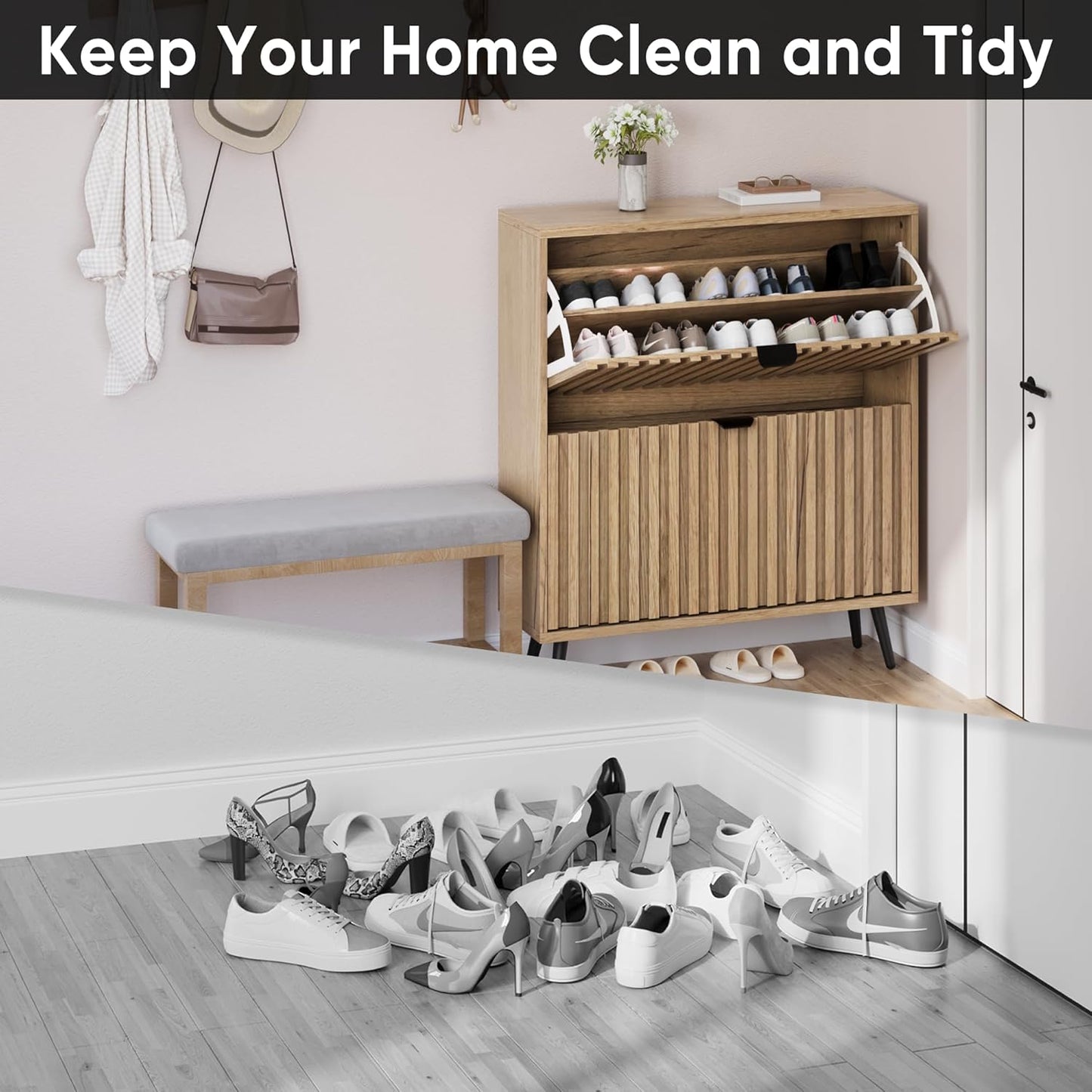 Smuxee Shoe Cabinet with 2 Flip Drawers, 31.5" Natural Hidden Shoe Storage Cabinet with Fluted Design, Freestanding Shoe Organizer Cabinet for Entryway, Hallway, Closet, Living Room